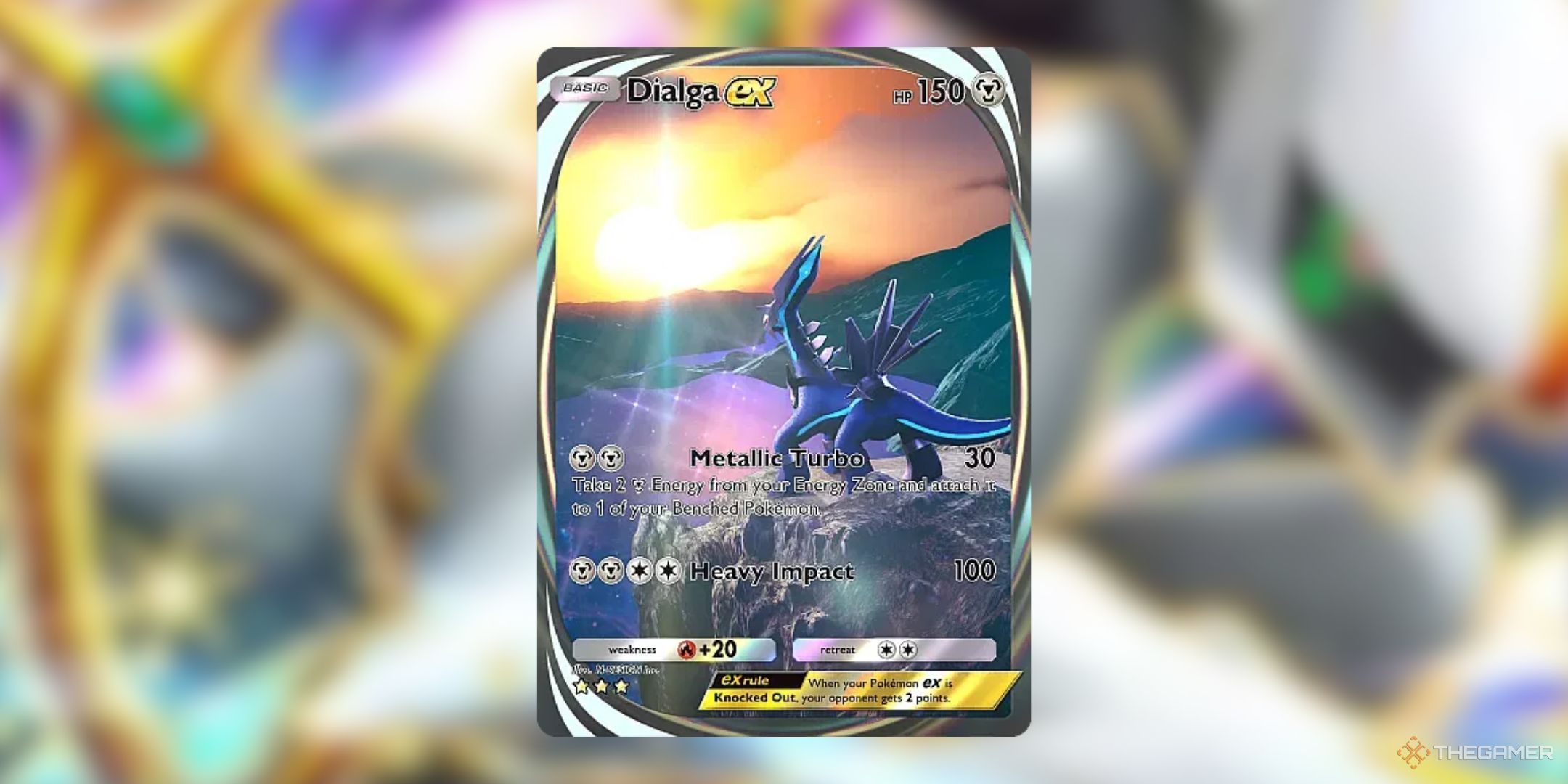 The immersive Dialga ex card in front of an Arceus background in Pokemon Pocket.