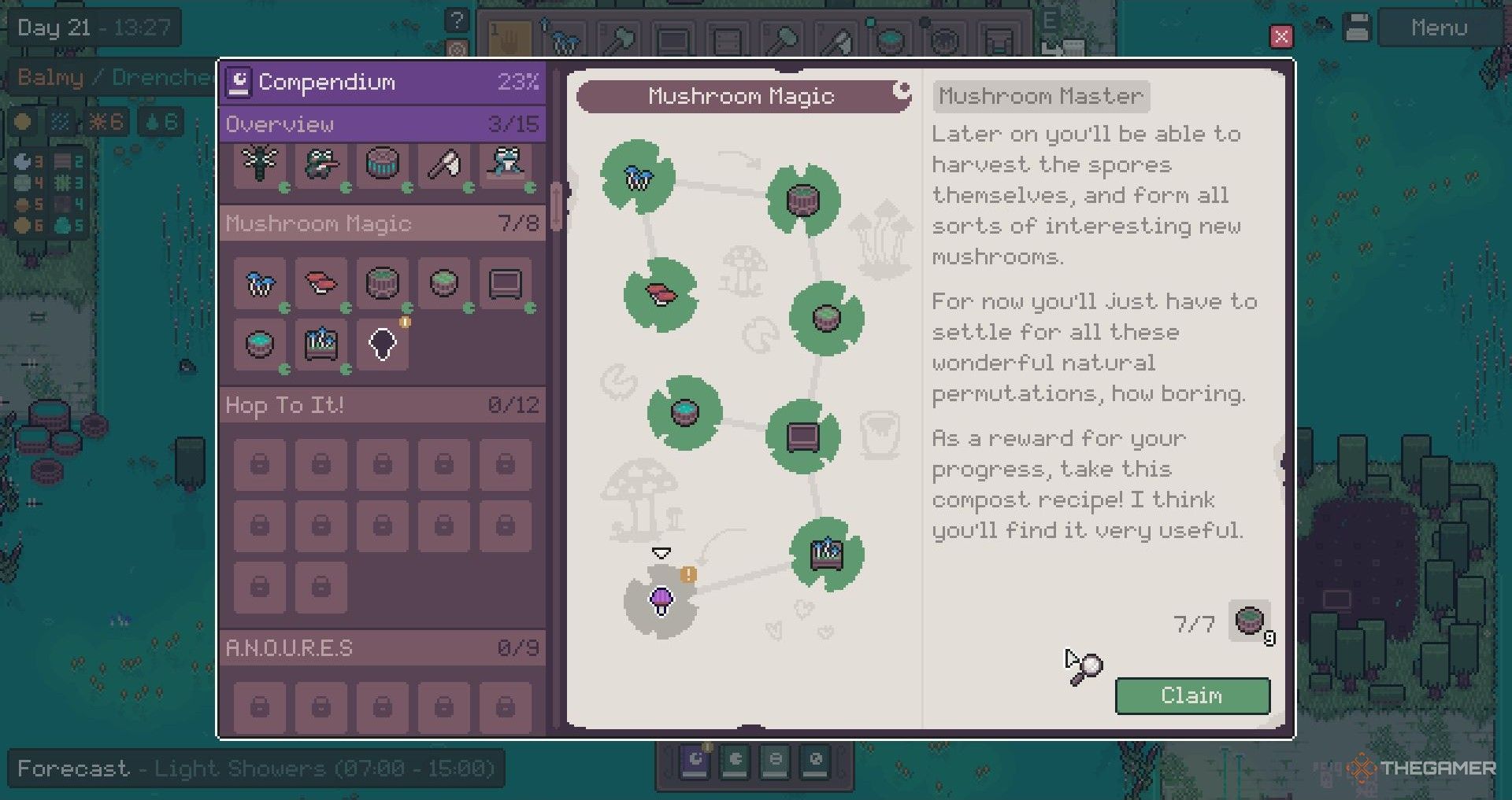 The mushroom magic chapter of the compendium teaching you how to make magic mud in Mudborne.