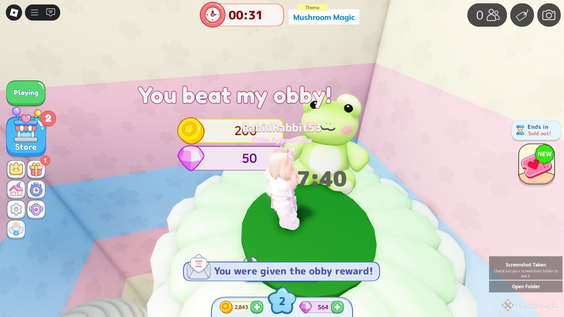 The Obby rewards are shown on the top of the bakery in Roblox Cake Off.