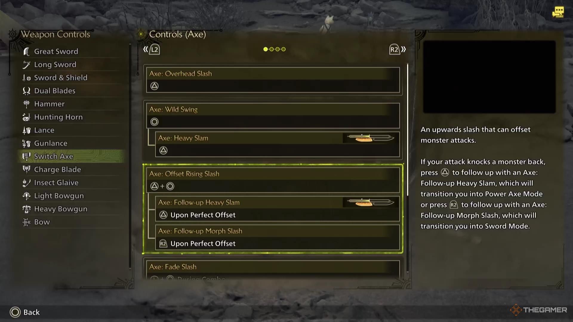 The Offset Rising Slash attack description in Monster Hunter Wilds.