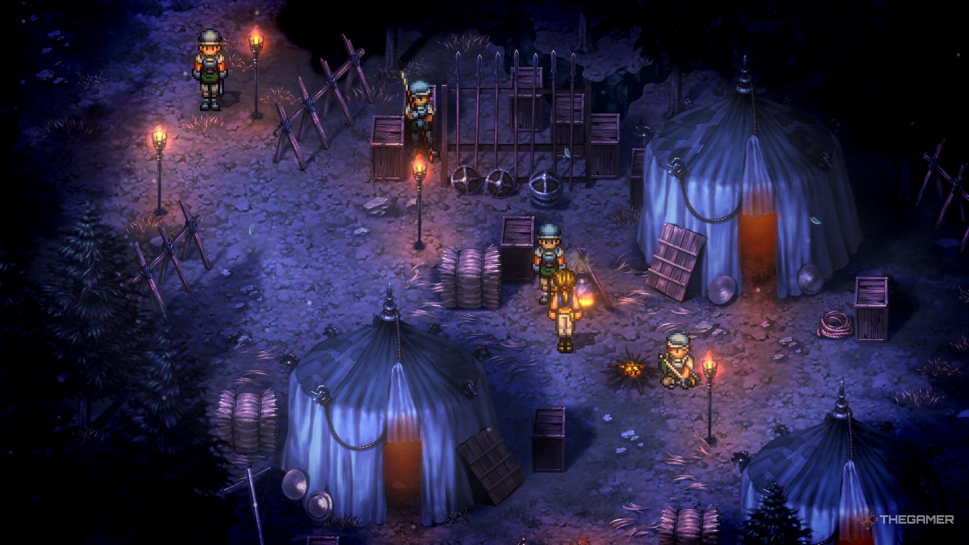 The opening cutscene of Suikoden 2 HD Remaster, showing a campsite with new lighting effects.