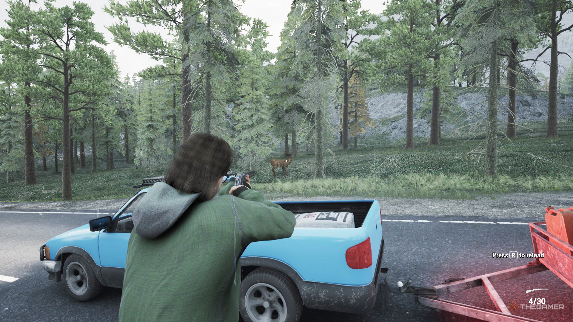 The player is aiming his rifle to a wild deer in Ranch Simulator