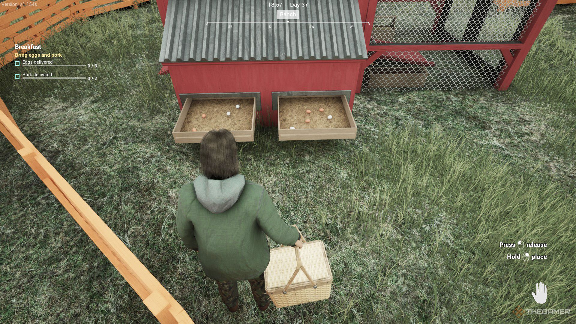 The player is carrying a basket and opens the coop drawers, which contain eggs, in Ranch Simulator