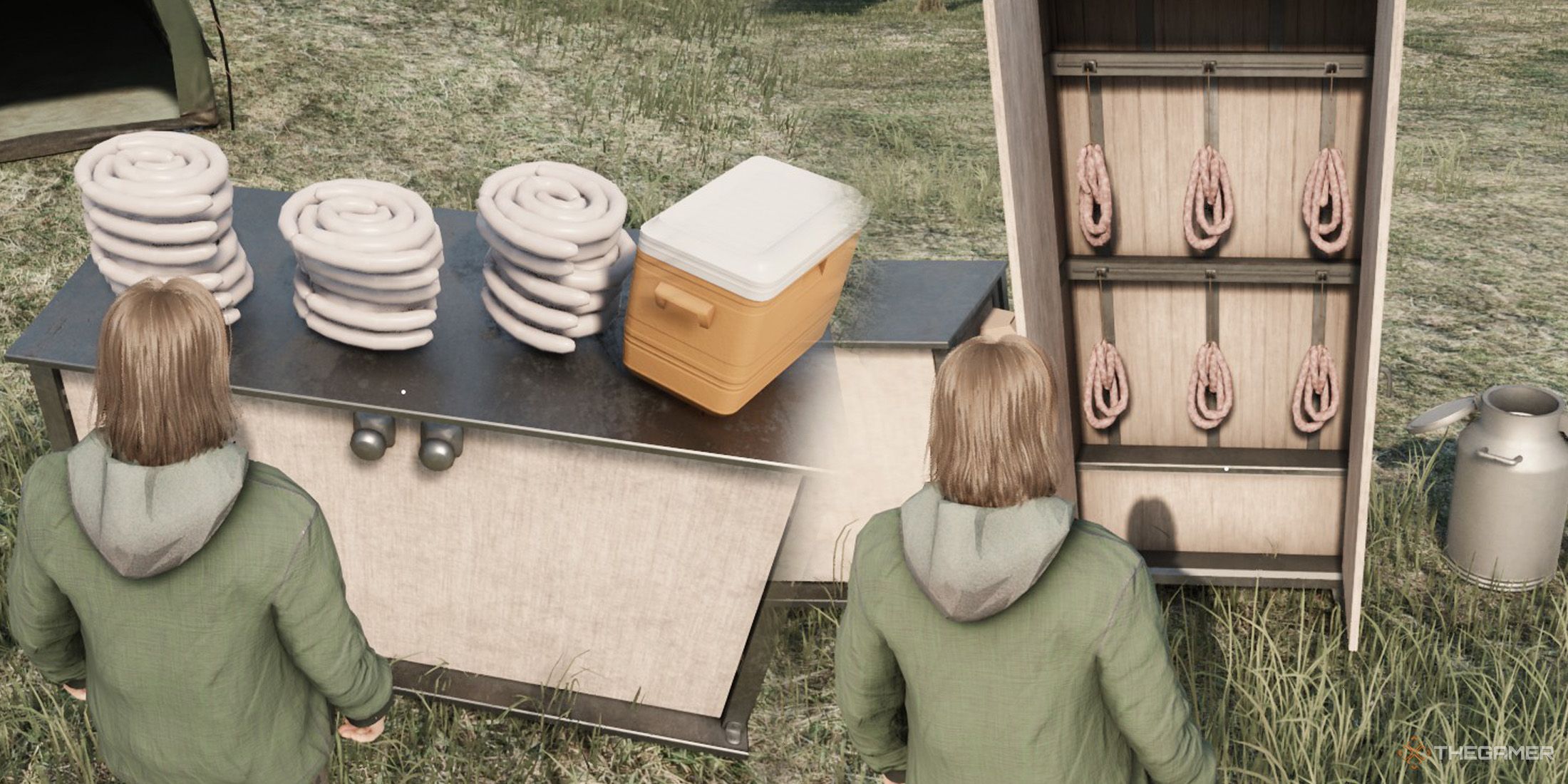 The player is looking at the raw sausages on the cabinet on left side and looking at salami sausages inside a meat preserving bin on the right side in Ranch Simulator