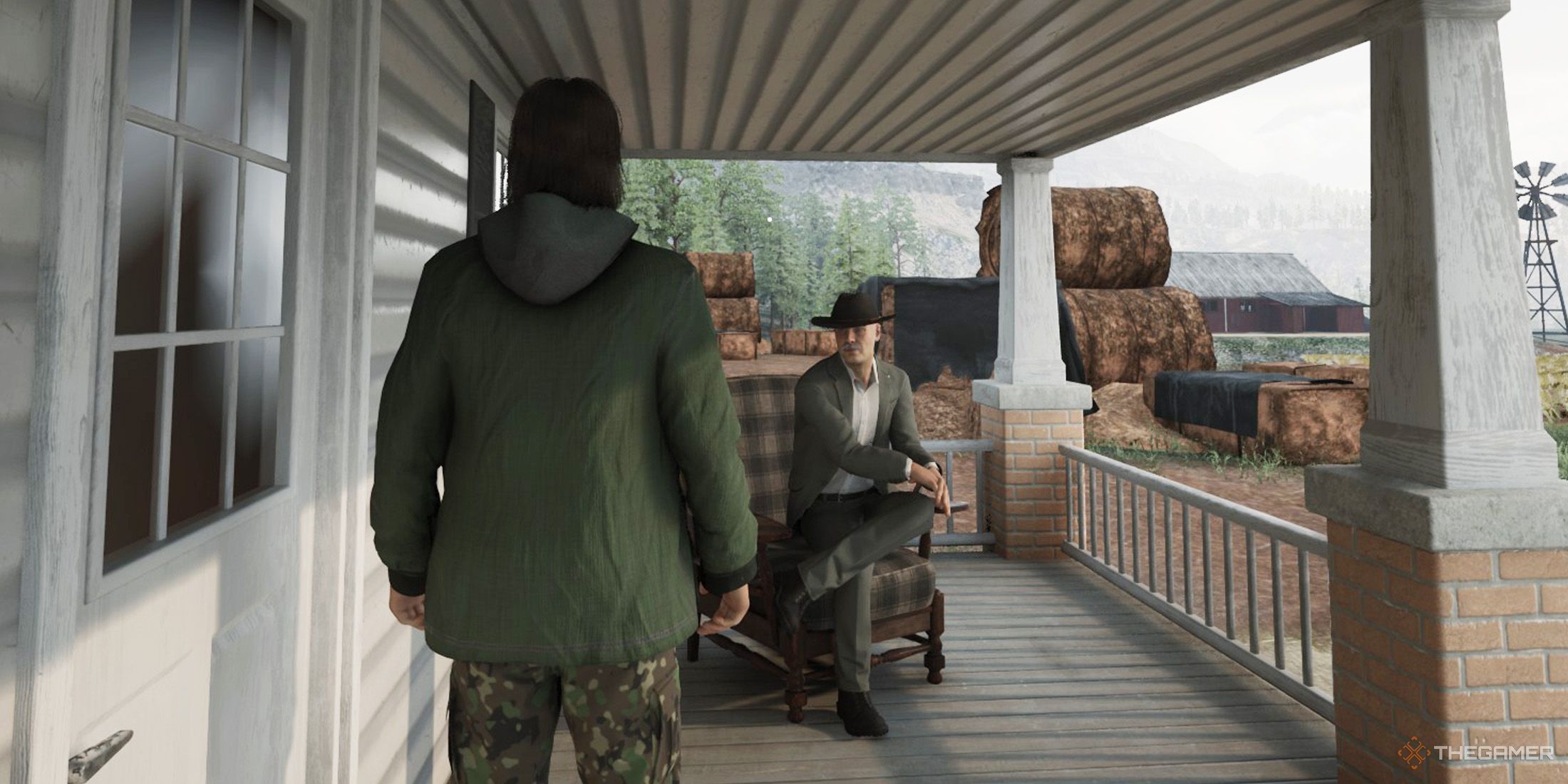 The player is standing in front of the male rancher in Ranch Simulator