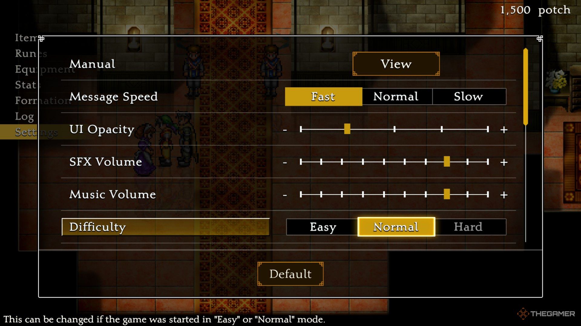 Settings menu in Sikoden 1 KK Remster, showing adjusting difficulty.