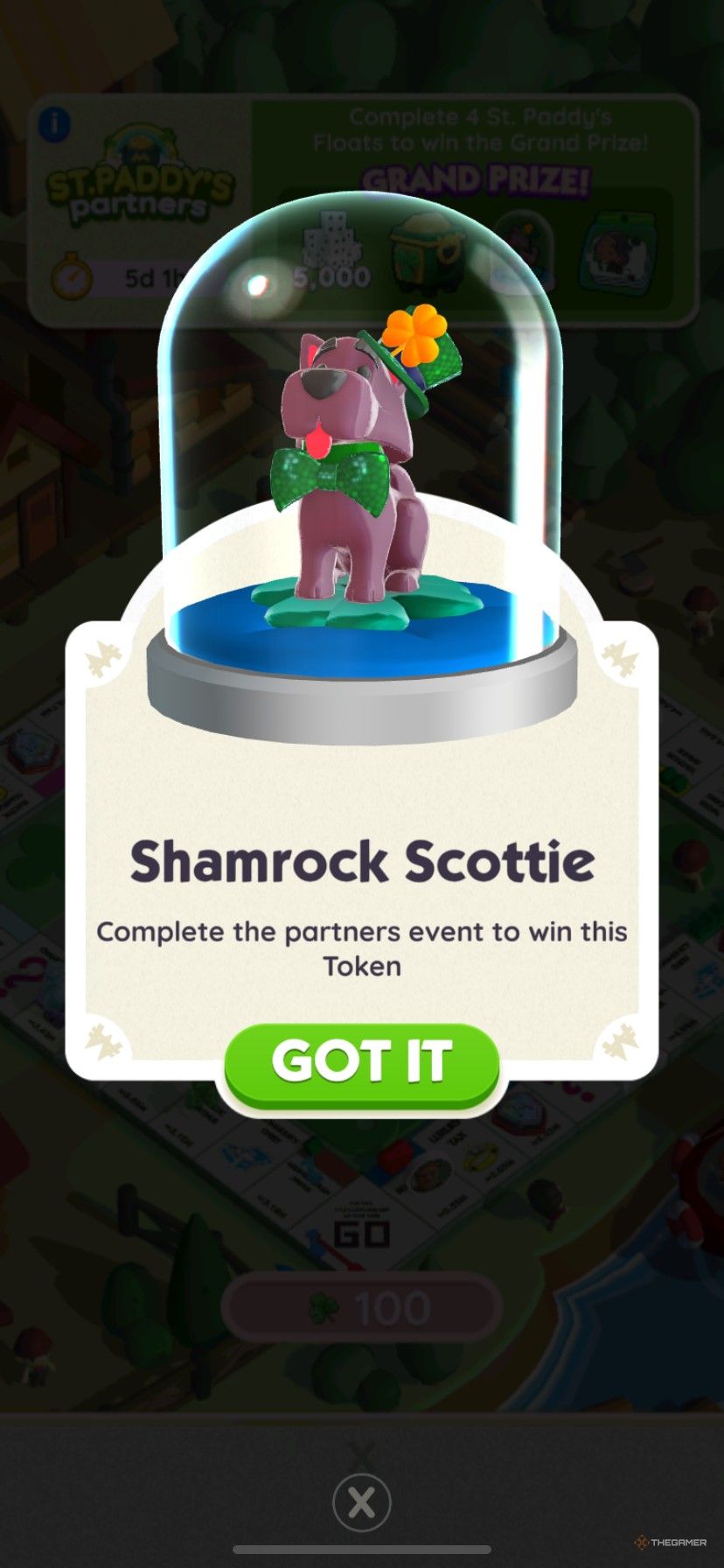 The Shamrock Scottie token as the grand prize in St. Paddy's Partners in Monopoly Go.