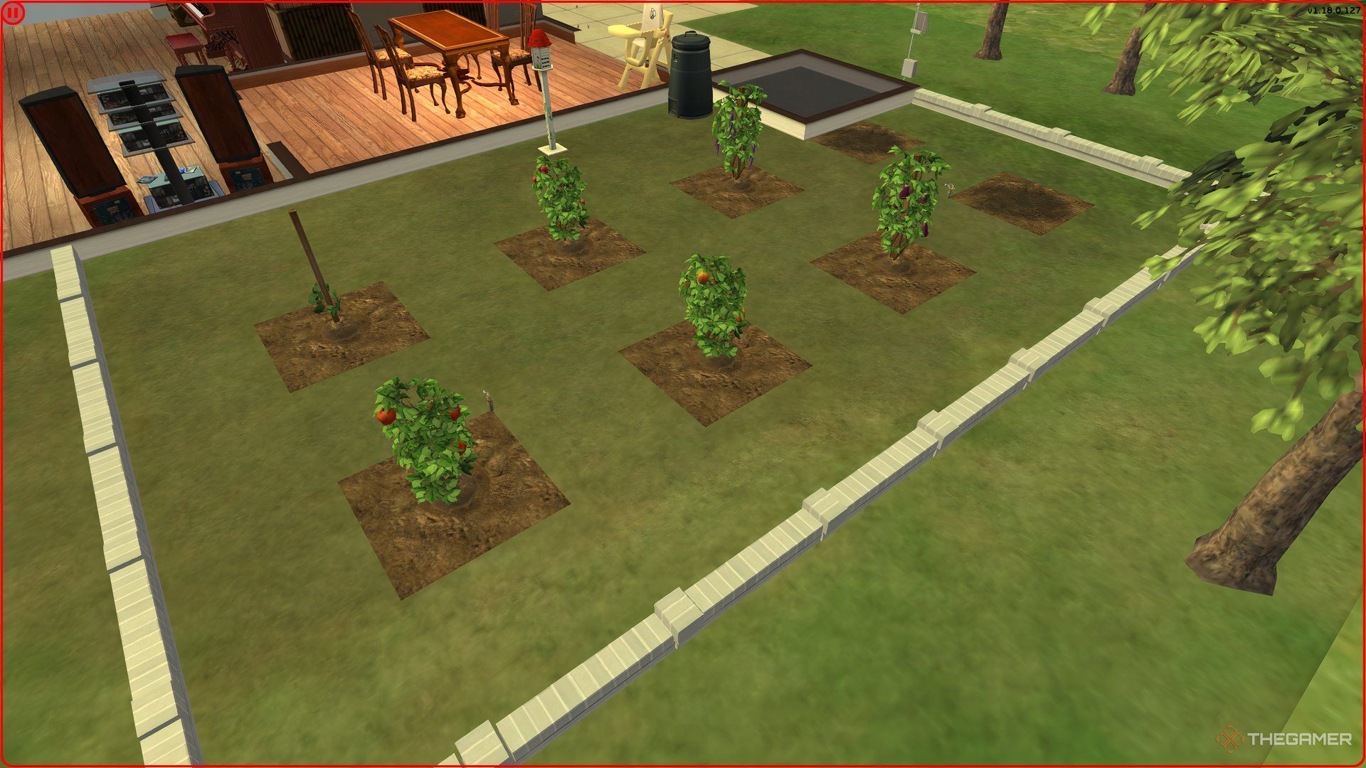 A fruit patch in a Sims 2 garden with eggplants, tomatoes, strawberries, and more.