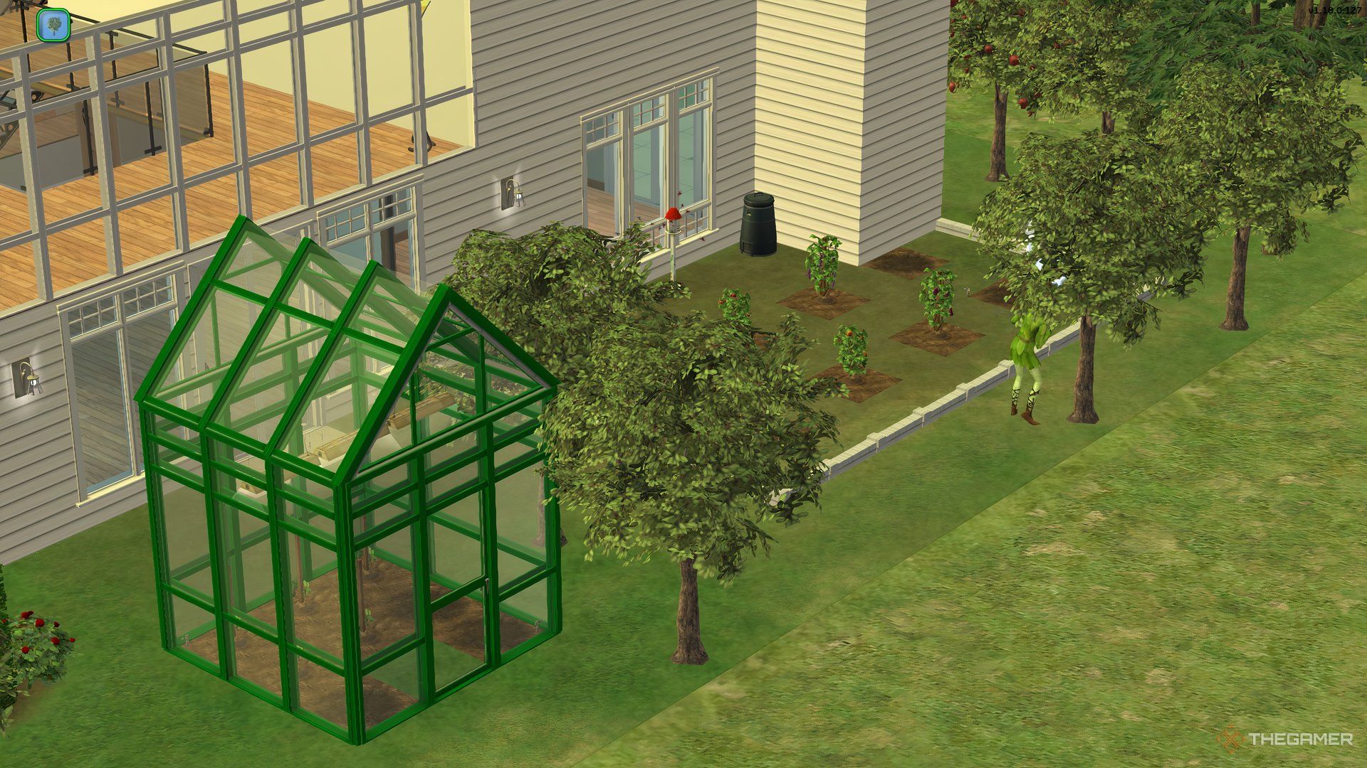 A garden in The Sims 2 with a greenhouse and an orchard of fruit trees.