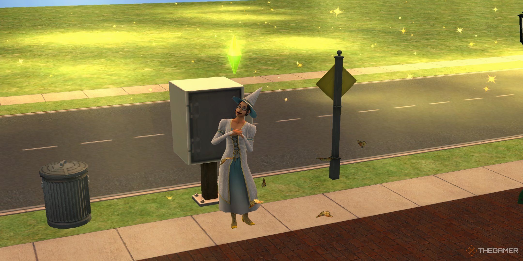 A good witch in The Sims 2 surrounded by golden magic and butterflies.