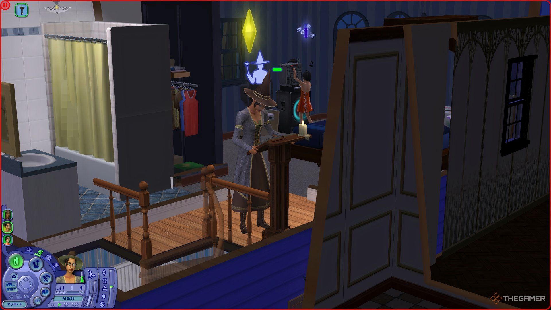 The neutral witch costume worn by a Sim reading a spellbook.