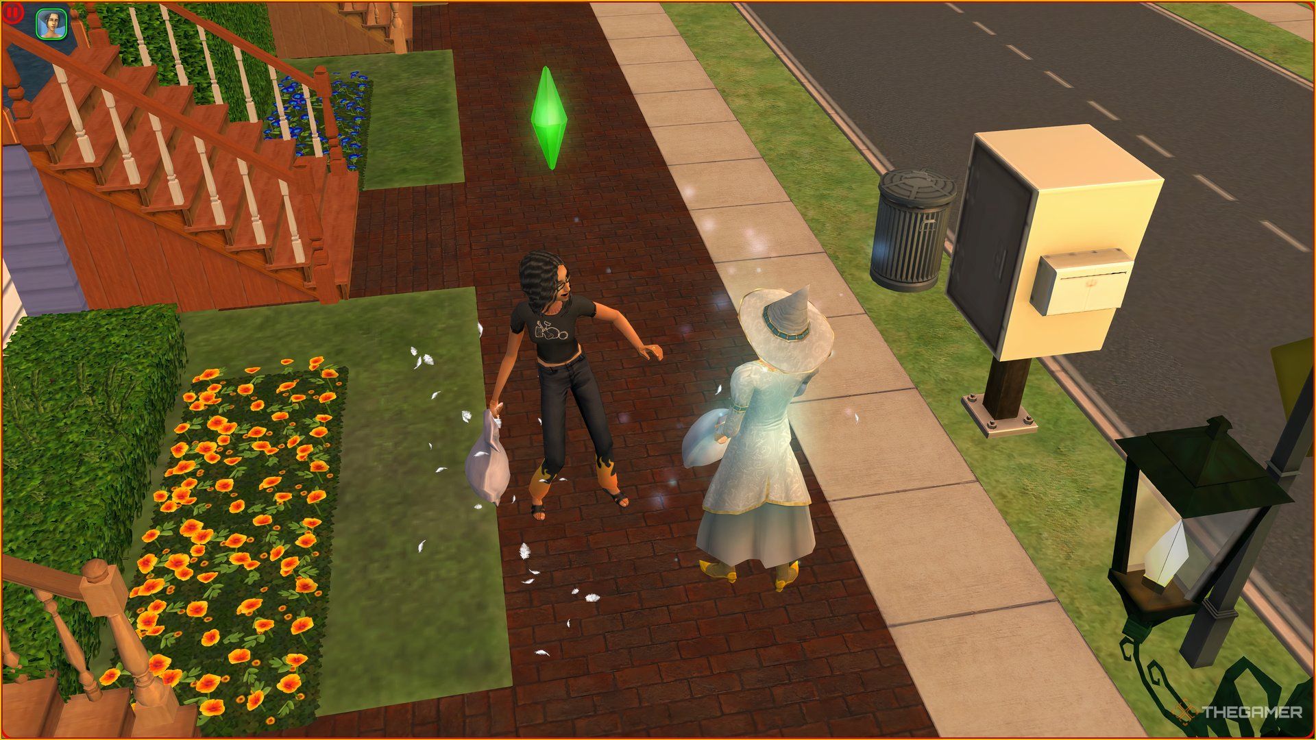 Two Sims (one the Good High Witch) pillow fighting in Belladonna Cove.