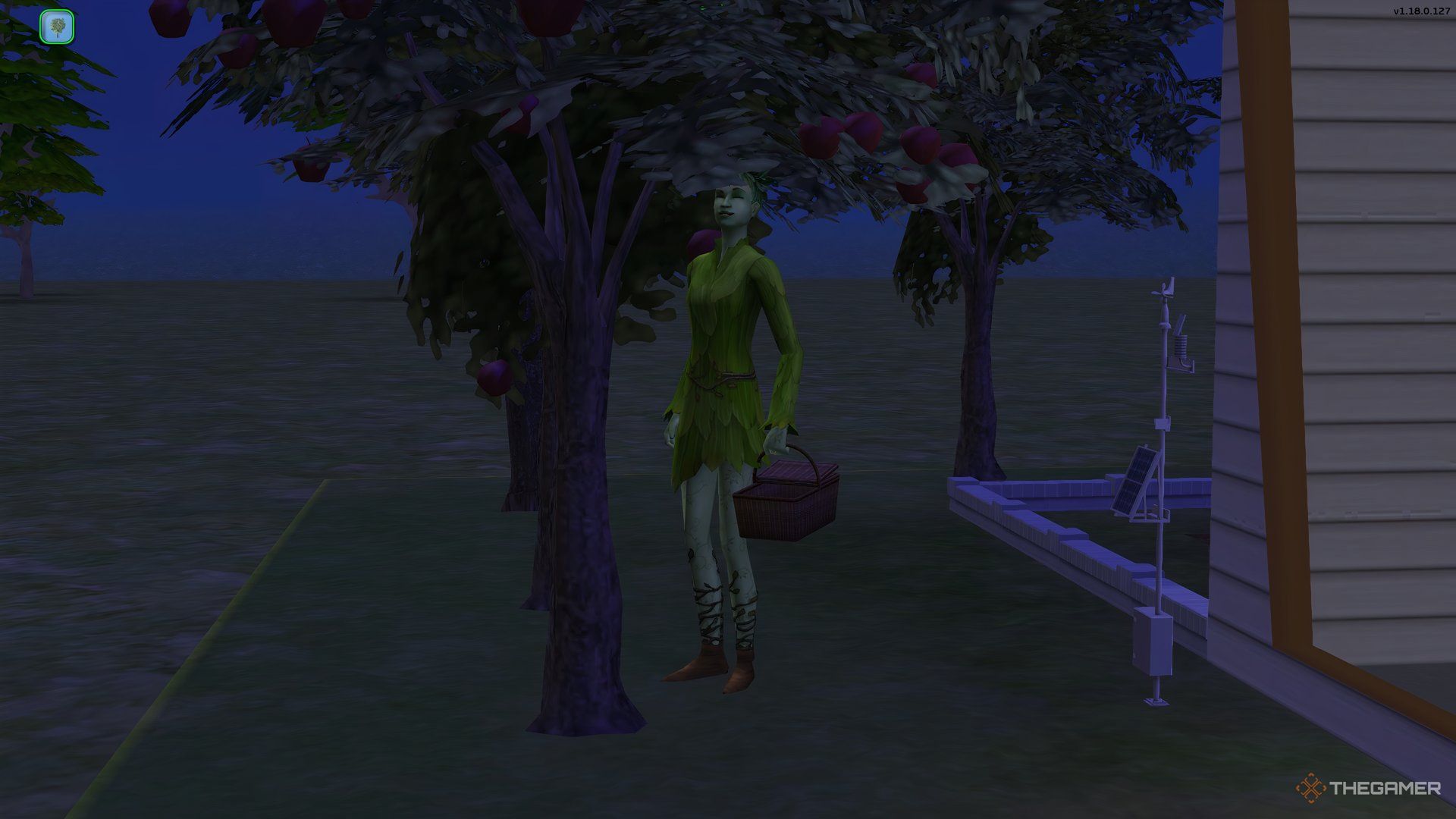 A PlantSim picking apples in the dark in The Sims 2.