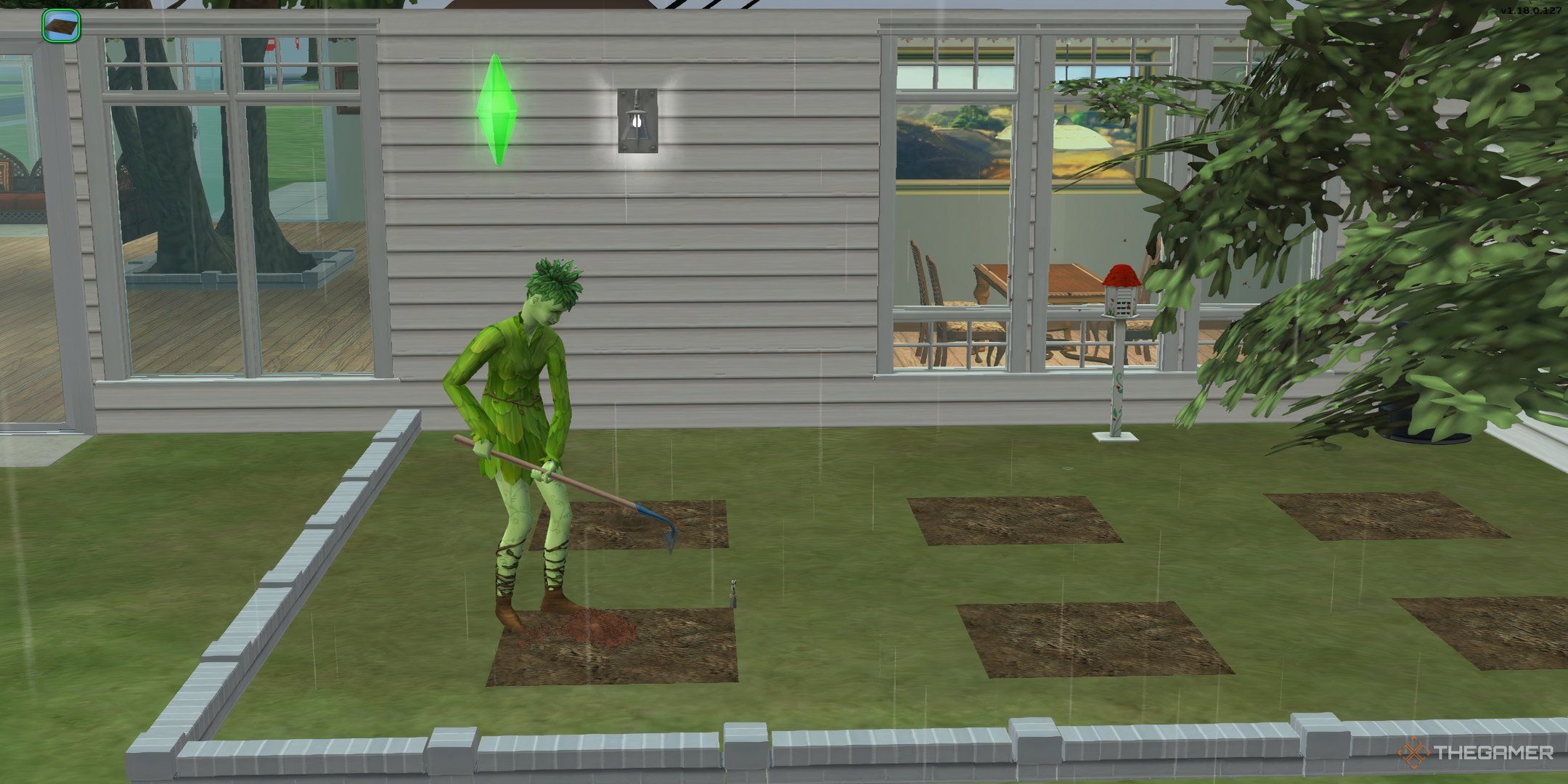 A PlantSim planting strawberries in a dirt patch in the rain in The Sims 2.
