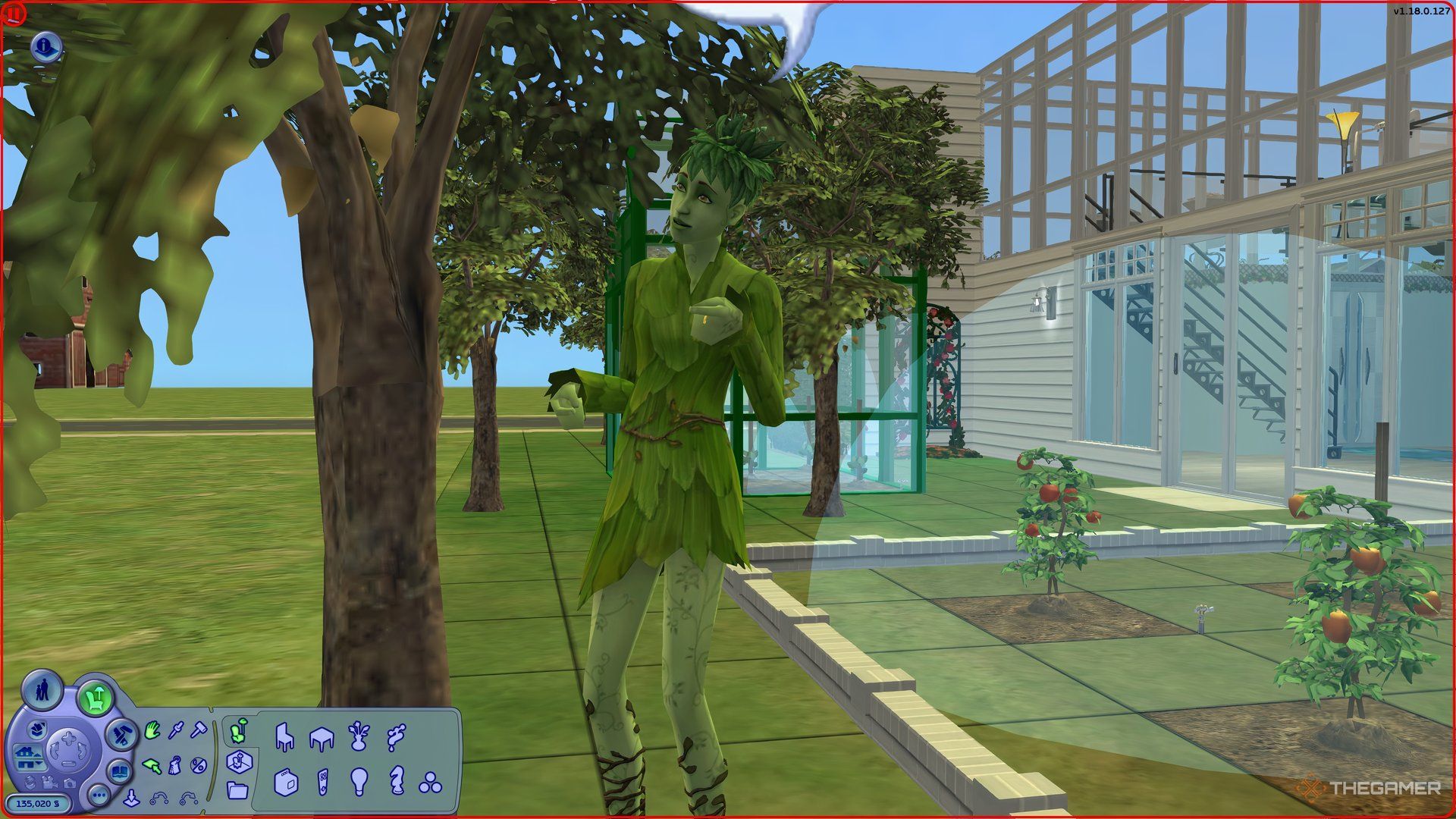 A PlantSim talking to a tree in The Sims 2 in her garden.