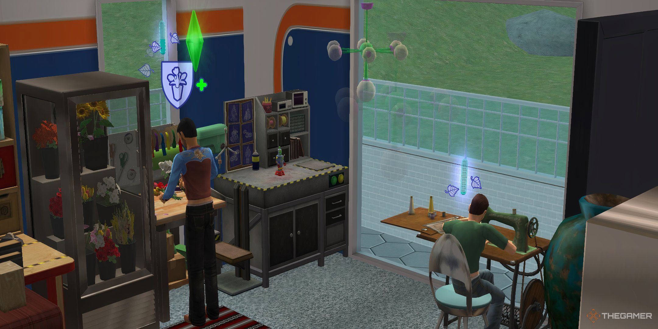 Sims working on talent related activities together: flower arranging and sewing.