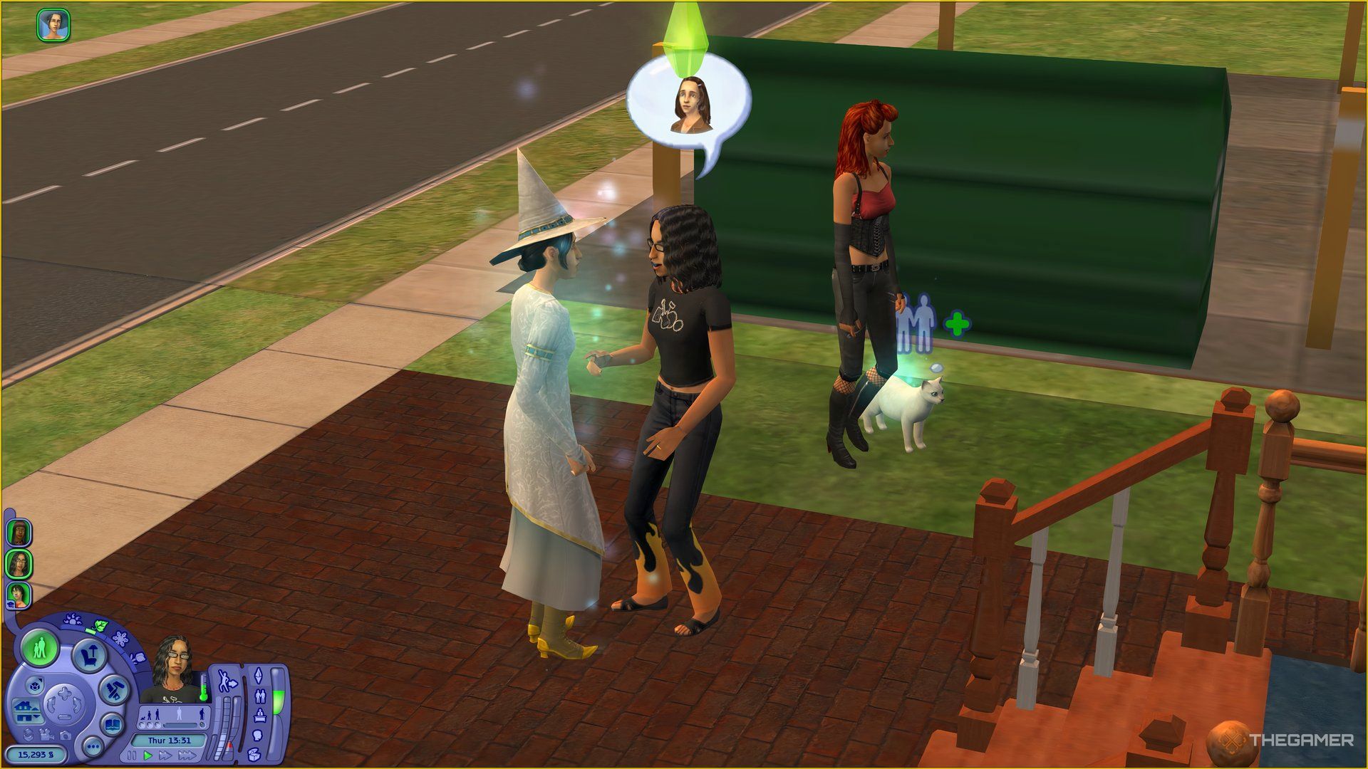 A sim talking to a Good High Witch and her familiar.