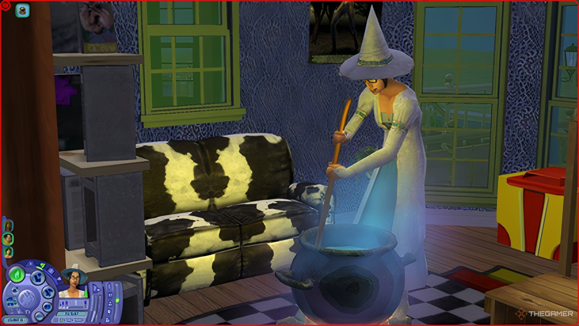 A Sim stirring a cauldron in The Sims 2 with a blue aura around it.