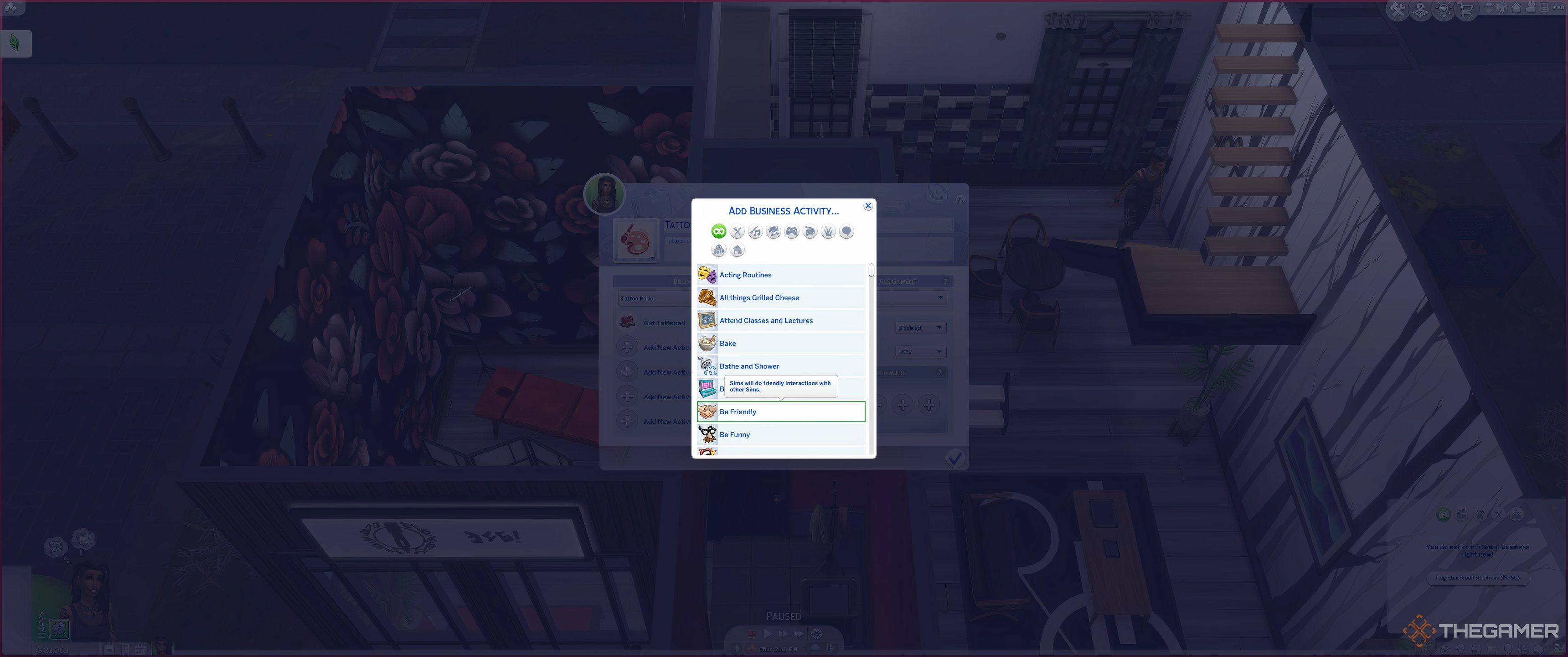 The Sims 4 Businesses and Hobbies small business activity list.