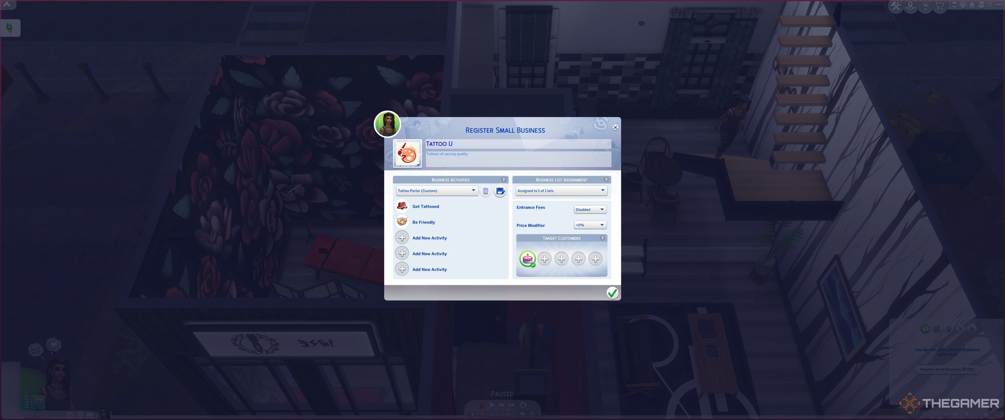 The Sims 4 Businesses and Hobbies all business info filled out in menu.