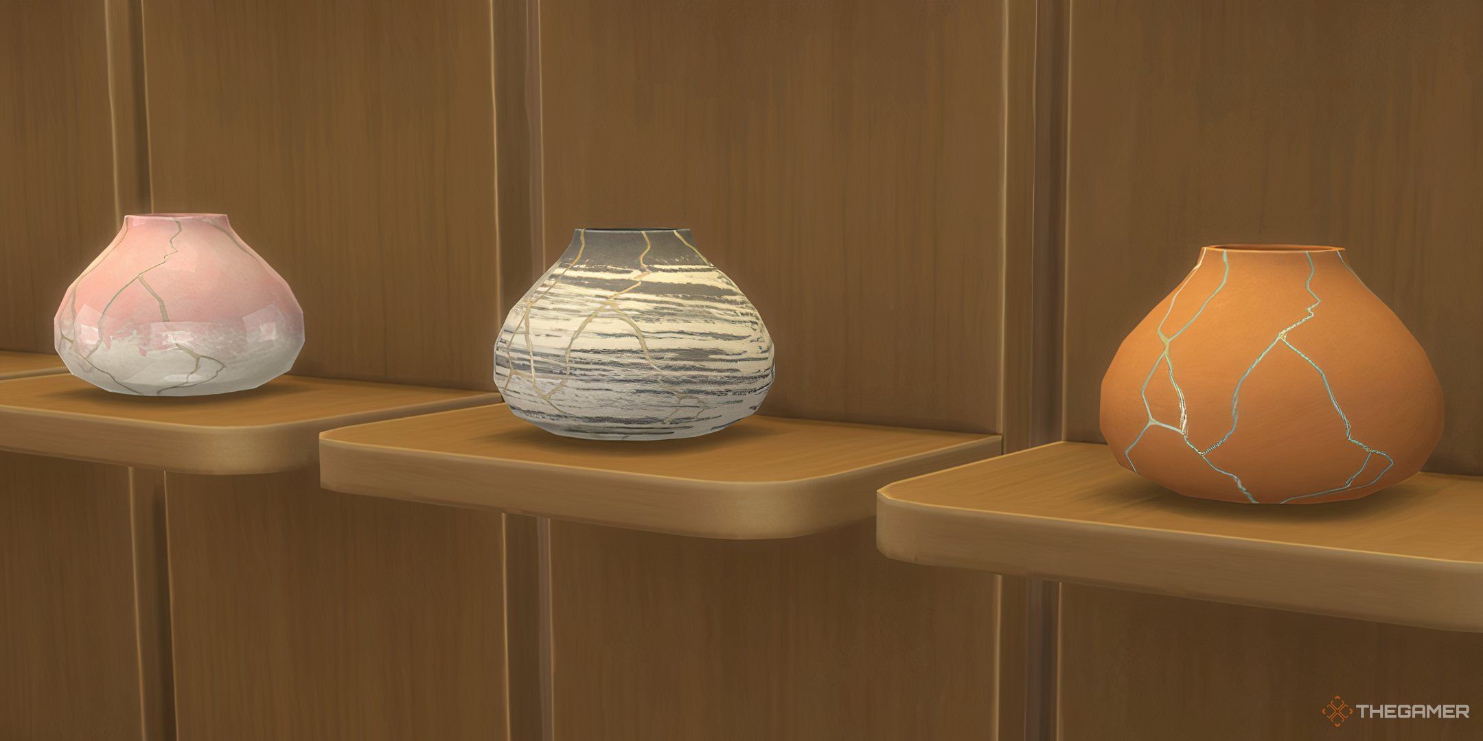 Kintsugi mended round vases in a line.