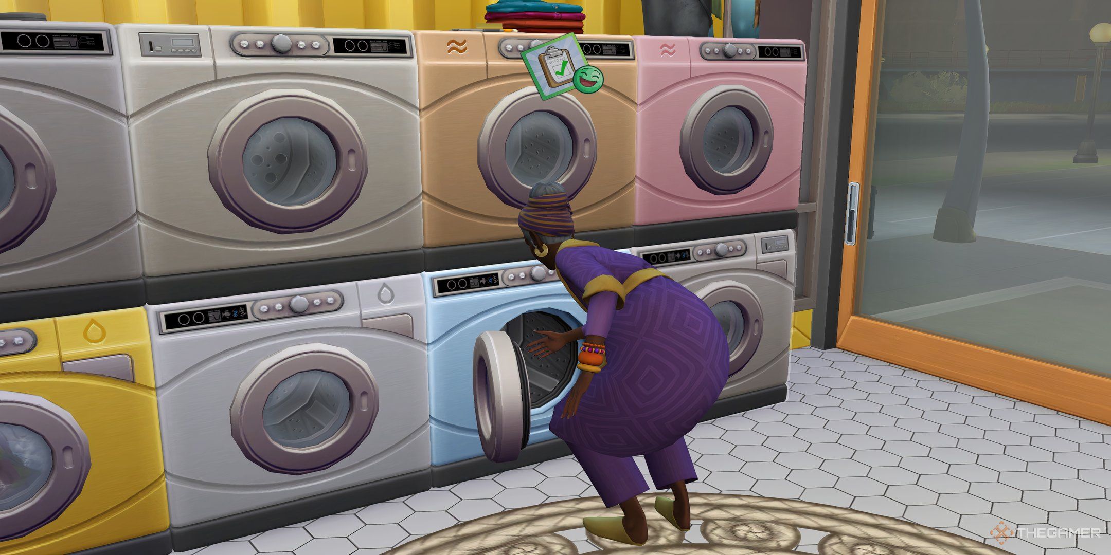 A sim using a laundrette in The Sims 4 Businesses & Hobbies and Laundry Day Stuff.