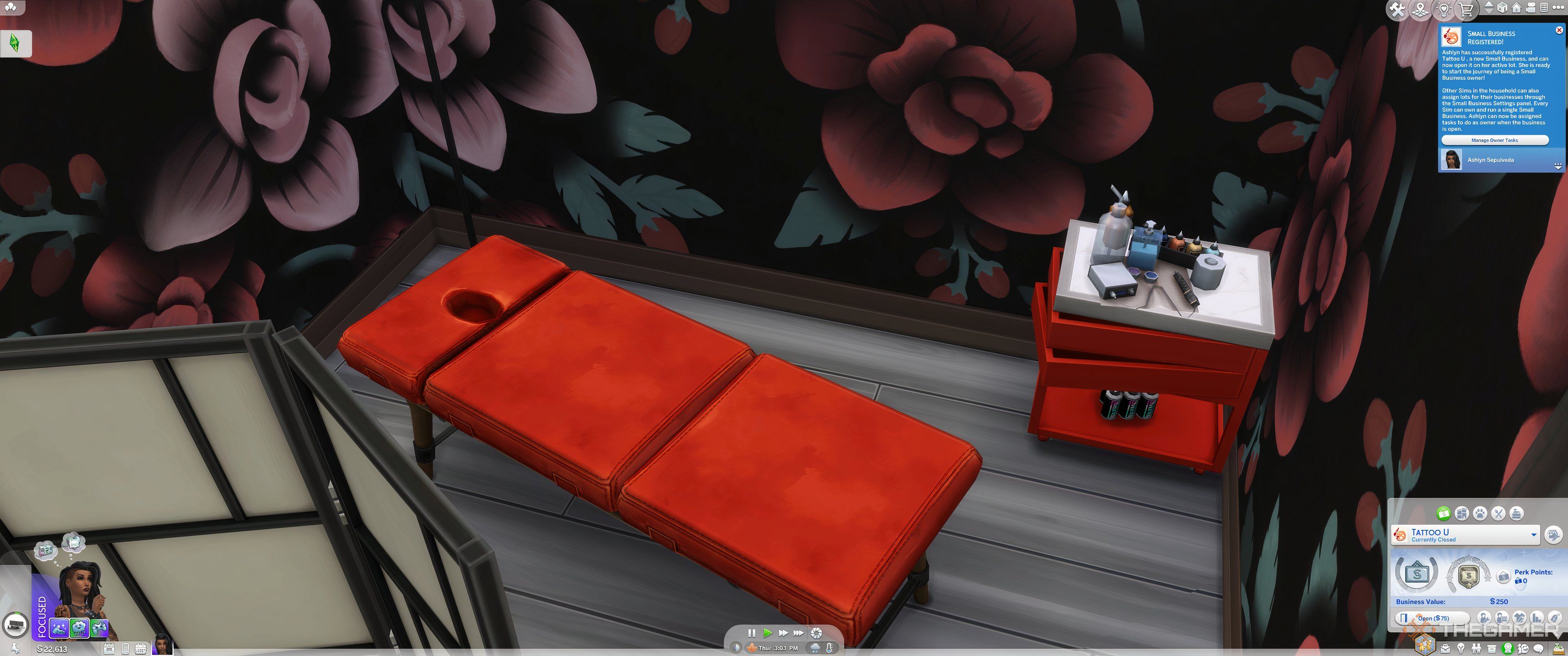 A tattoo parlour with table and supplies.