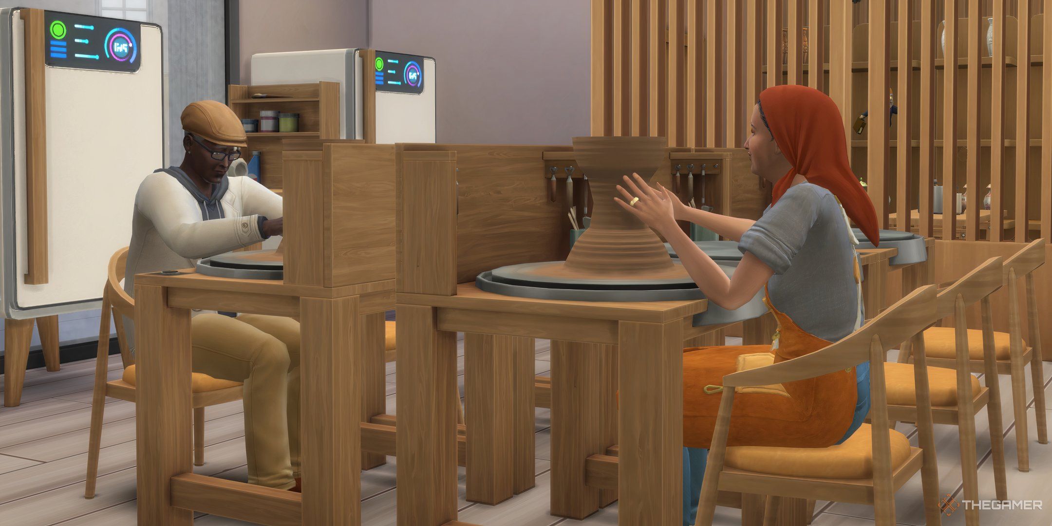 Two sims sat in a pottery studio making round vases.