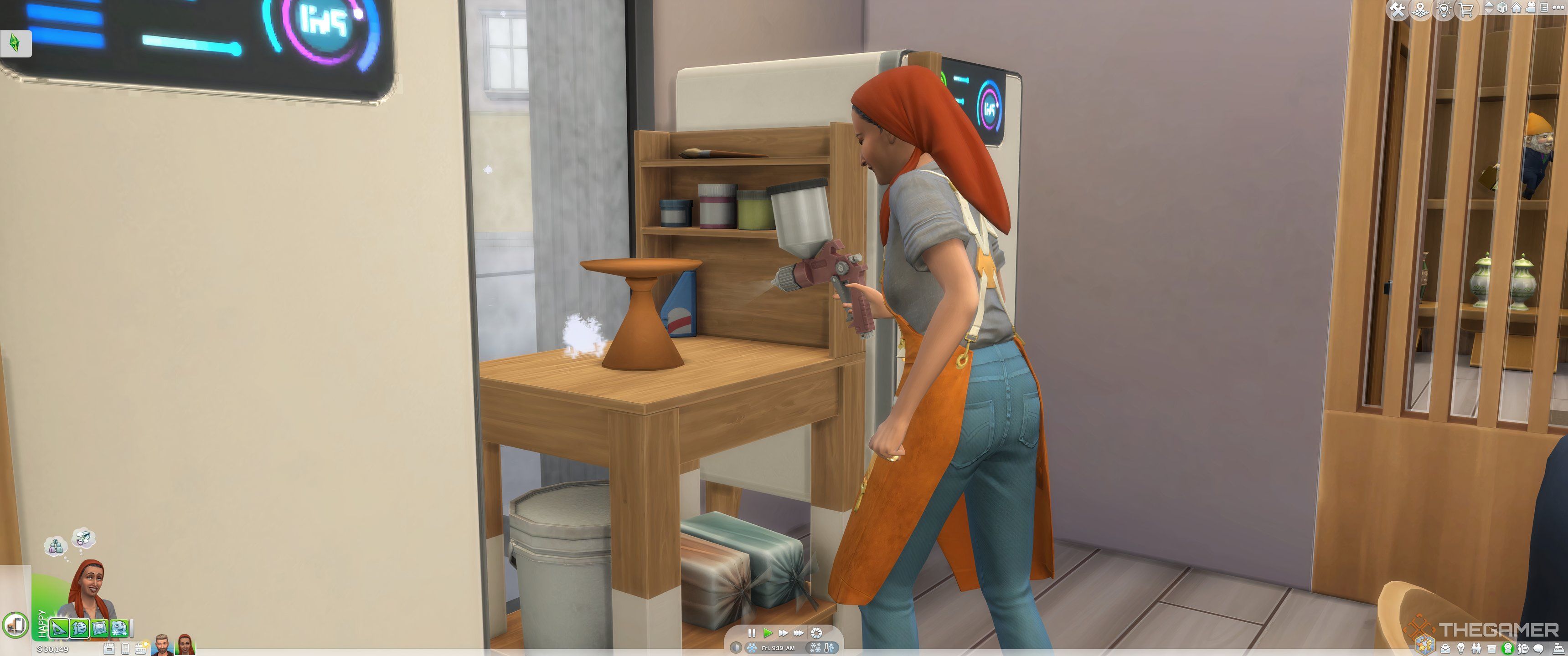 An older female sim glazing a cake stand.