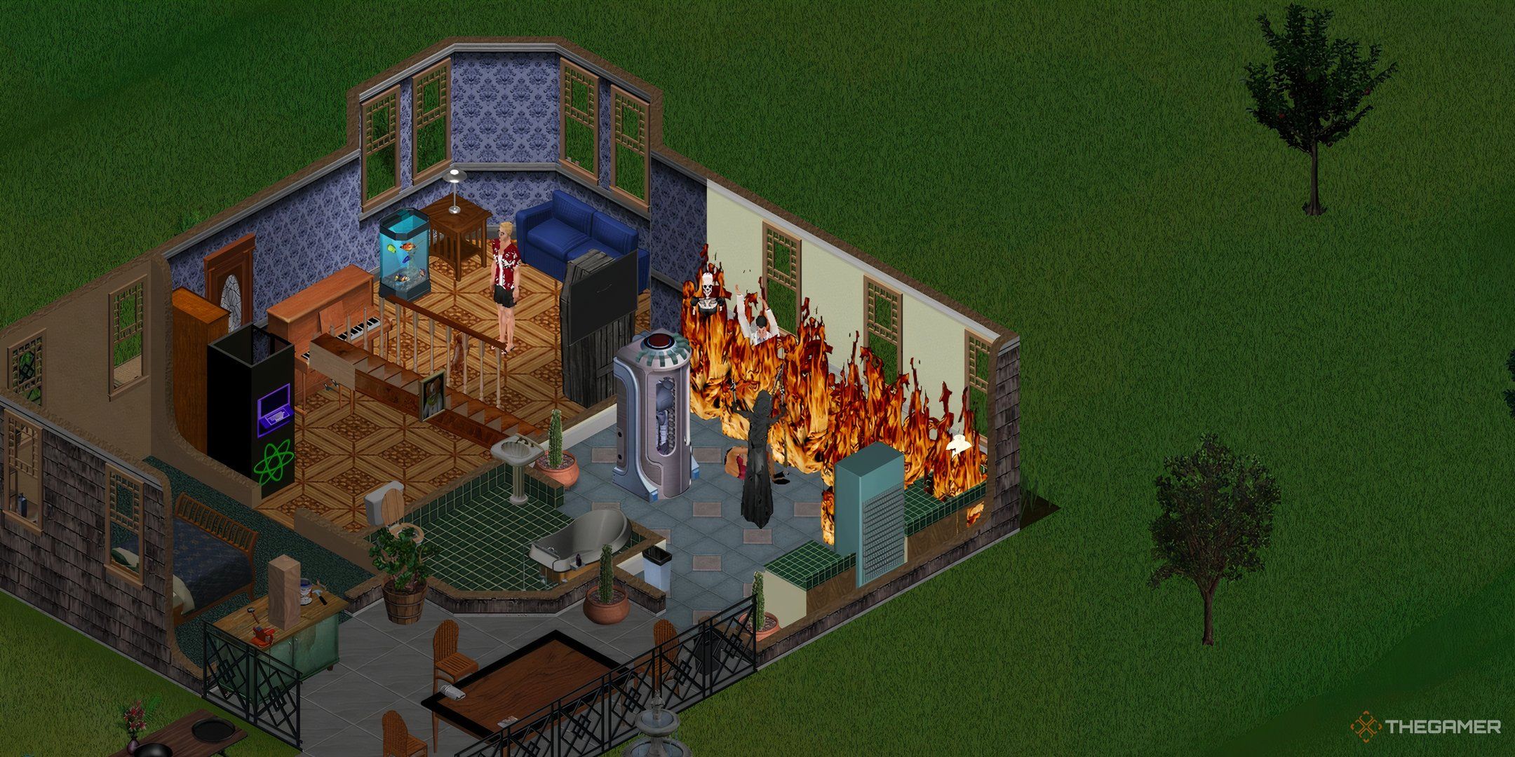 Bonehilda and Servo in The Sims 1 withstanding a fire in the Goth manor with the Grim Reaper.