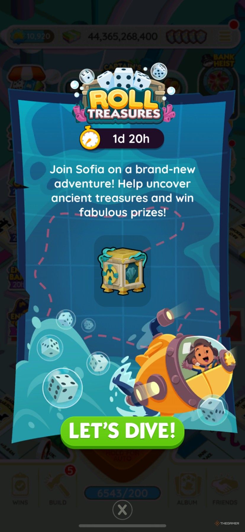 The start screen for the March Roll Treasures in Monopoly Go with Sofia in a submarine.