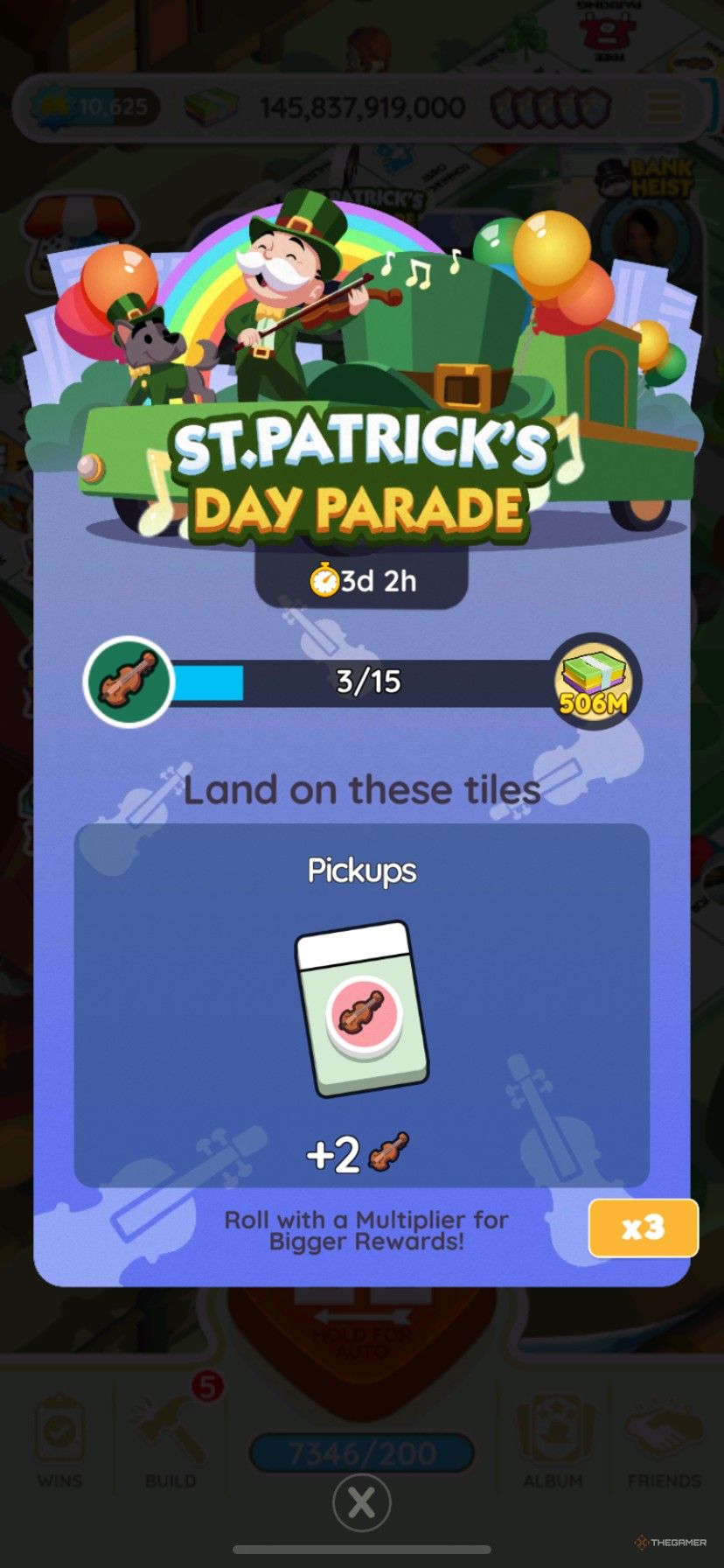 The start screen for the St. Patrick's Day Parade event in Monopoly Go.