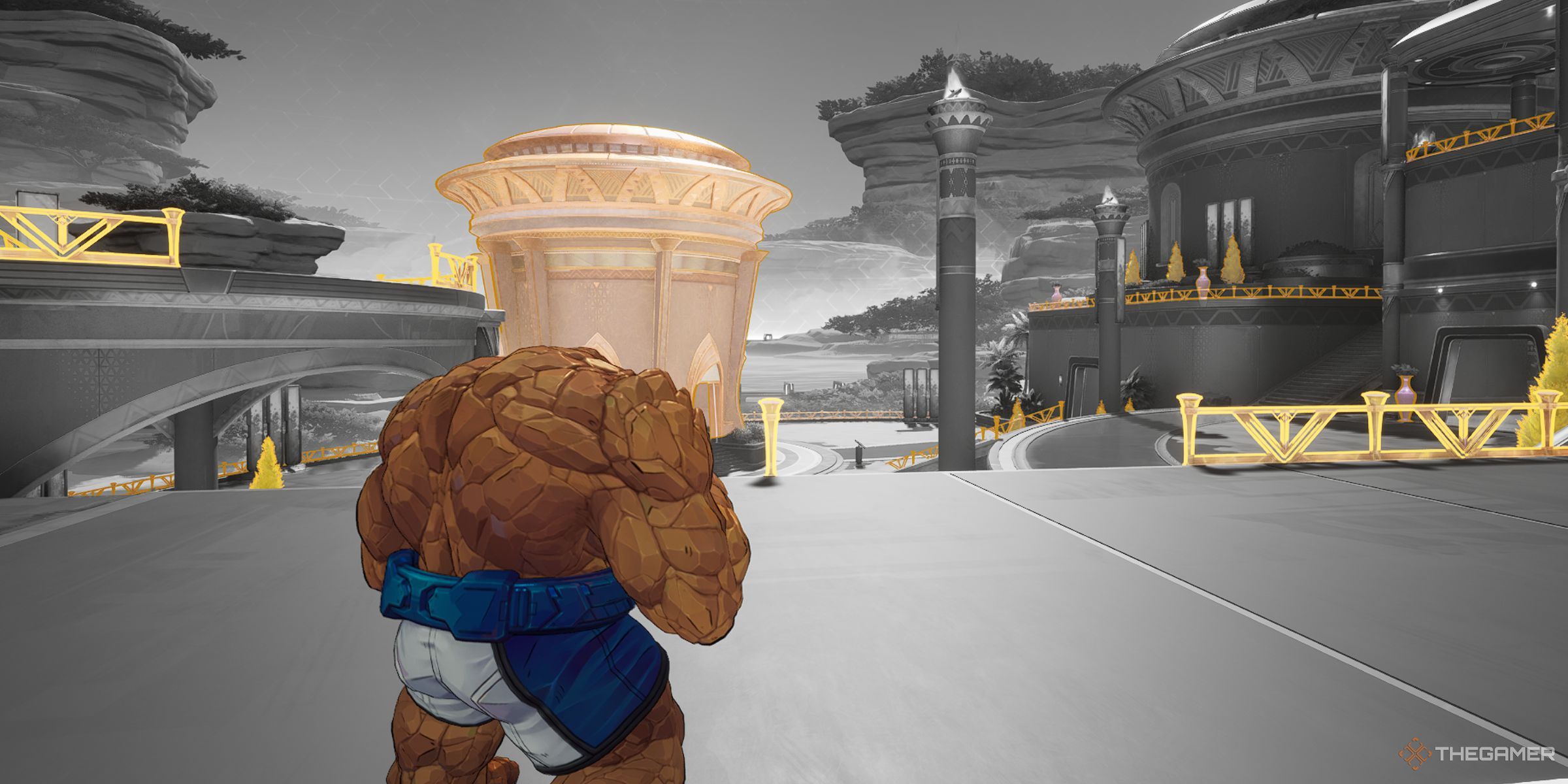 The Thing Using Chrono Vision To See All The Destructible Objects In The Practice Range In Marvel Rivals.