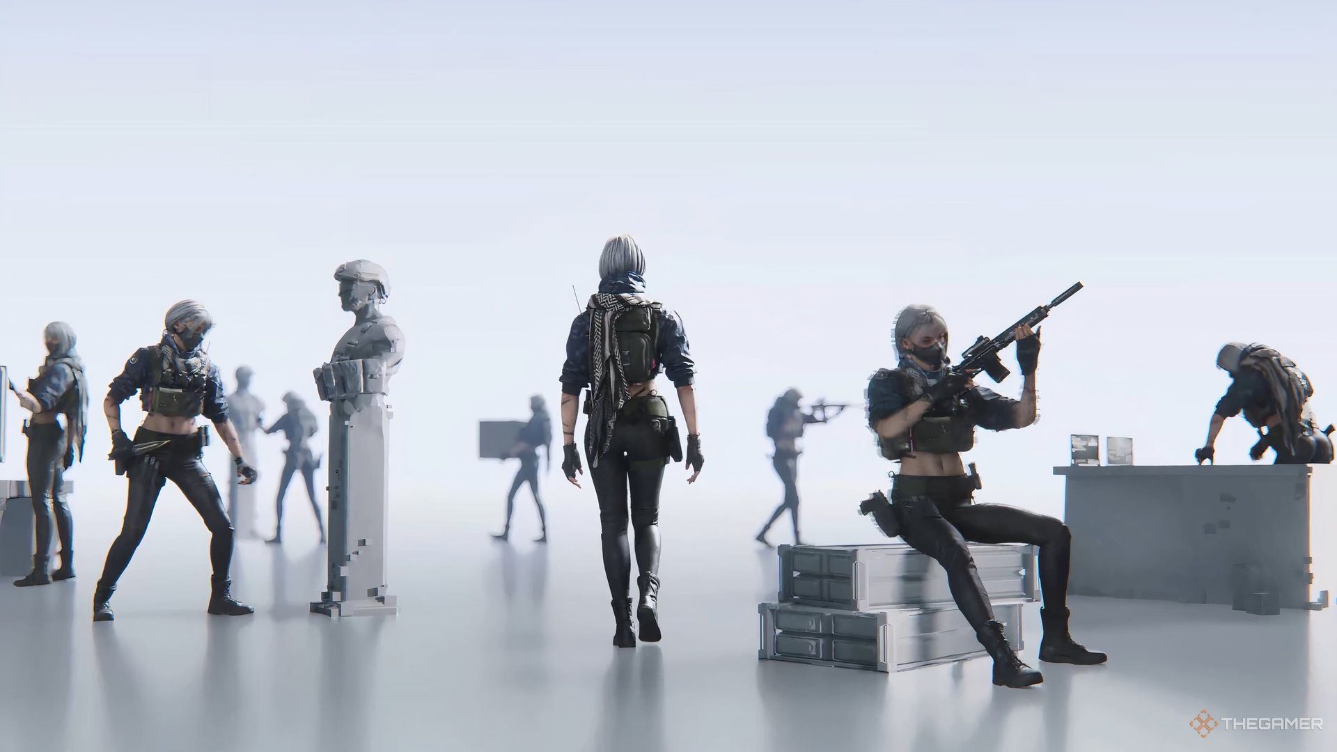 Hackclaw walking past replicas of herself in a colorless room in Delta Force.