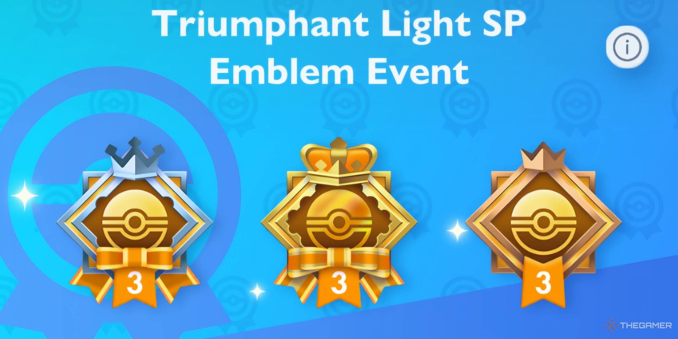 پرچم مأموریت برای رویداد Triumphant Light SP Emblem ، نشان های نقره ، طلا و برنز را در پس زمینه آبی نشان می دهد.