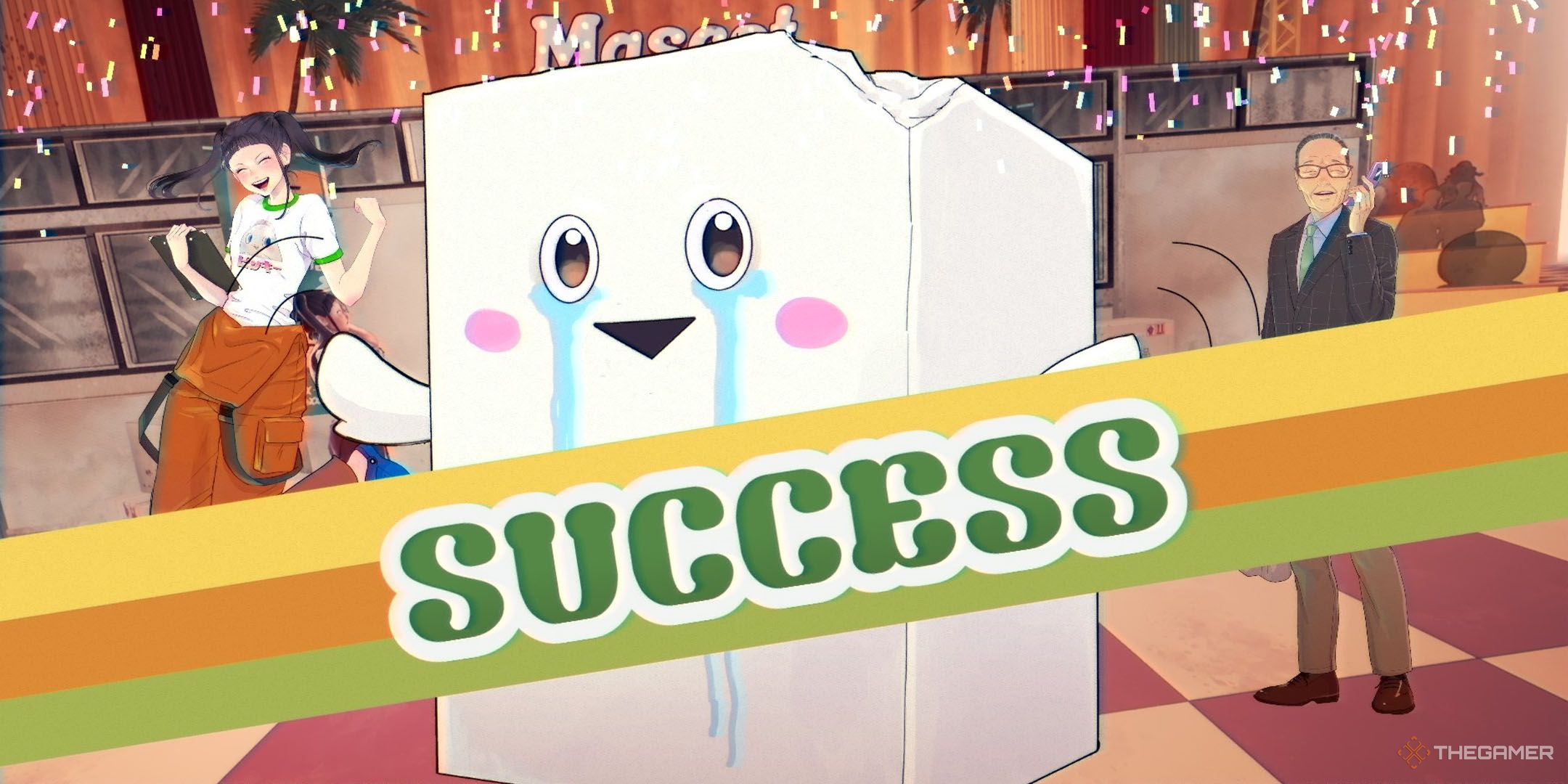 To-fu with a success banner across him in Promise Mascot Agency.