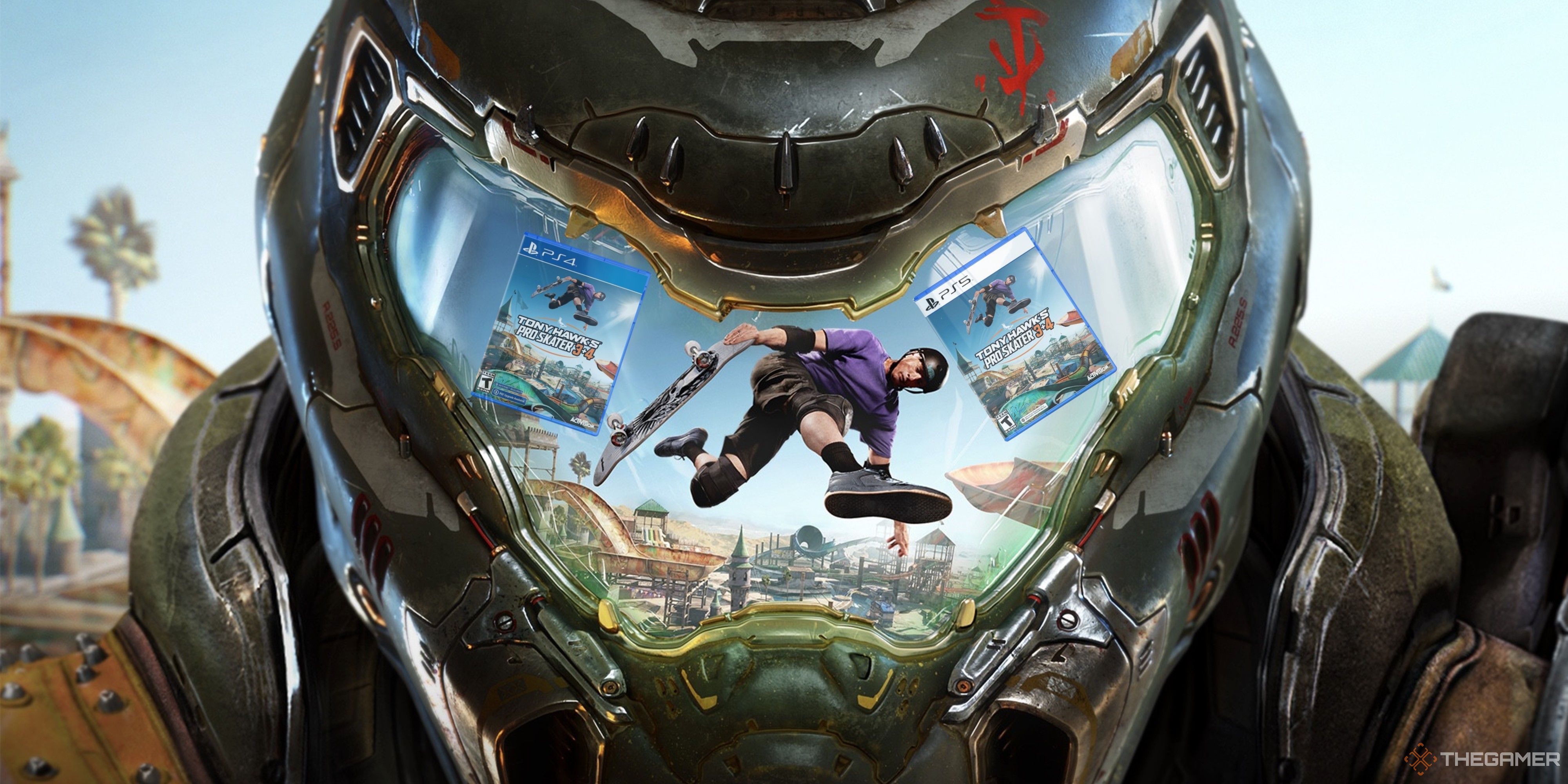 tony hawk and physical copies of tony hawk's pro skater 3 + 4 reflected in doom slayer's visor.