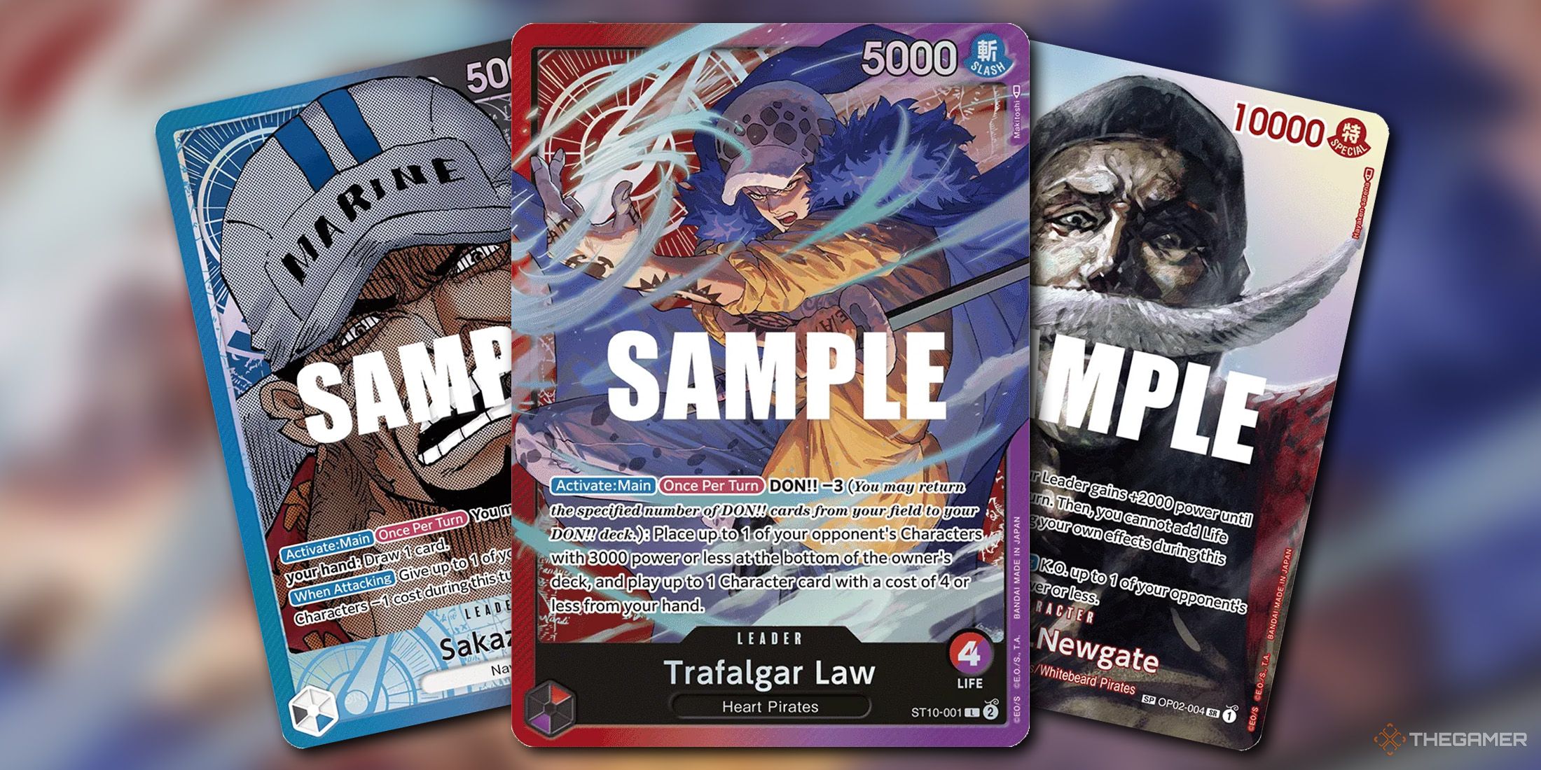Trafalgar Law, Sakazuki och Edward Newgate Card från One Piece Card Game.