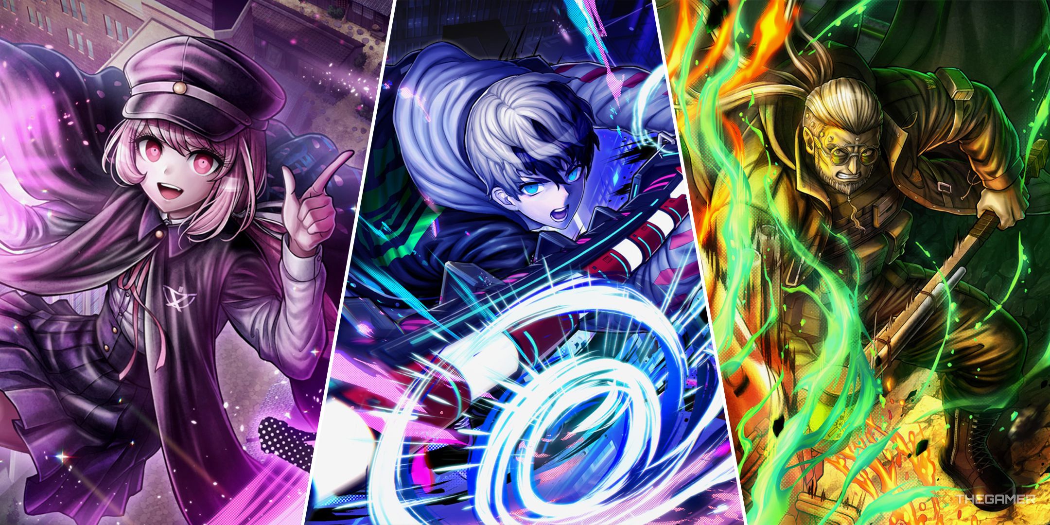 A split image featuring Tsuruko Semba, Yo Kuronaka, and Roku Saigo in Tribe Nine.
