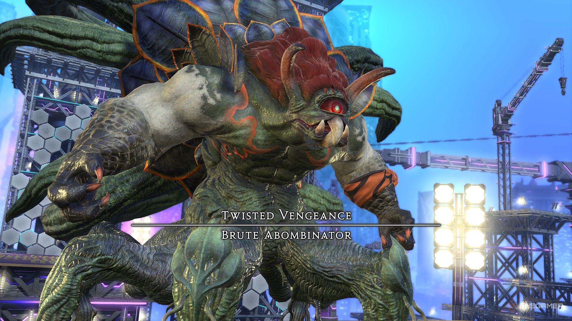 Twisted Vengeance Brute Abombinator on top of a building in Final Fantasy 14.