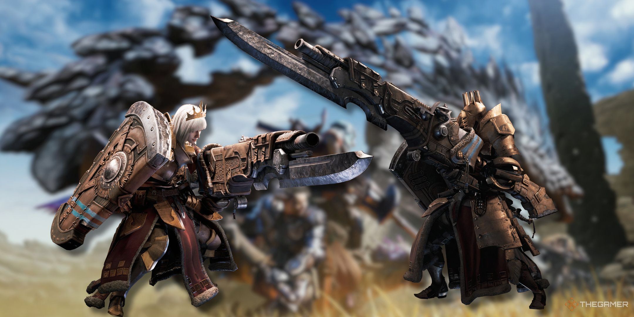 Two different hunters featuring their gunlances in a banner image for monster hunter wilds.