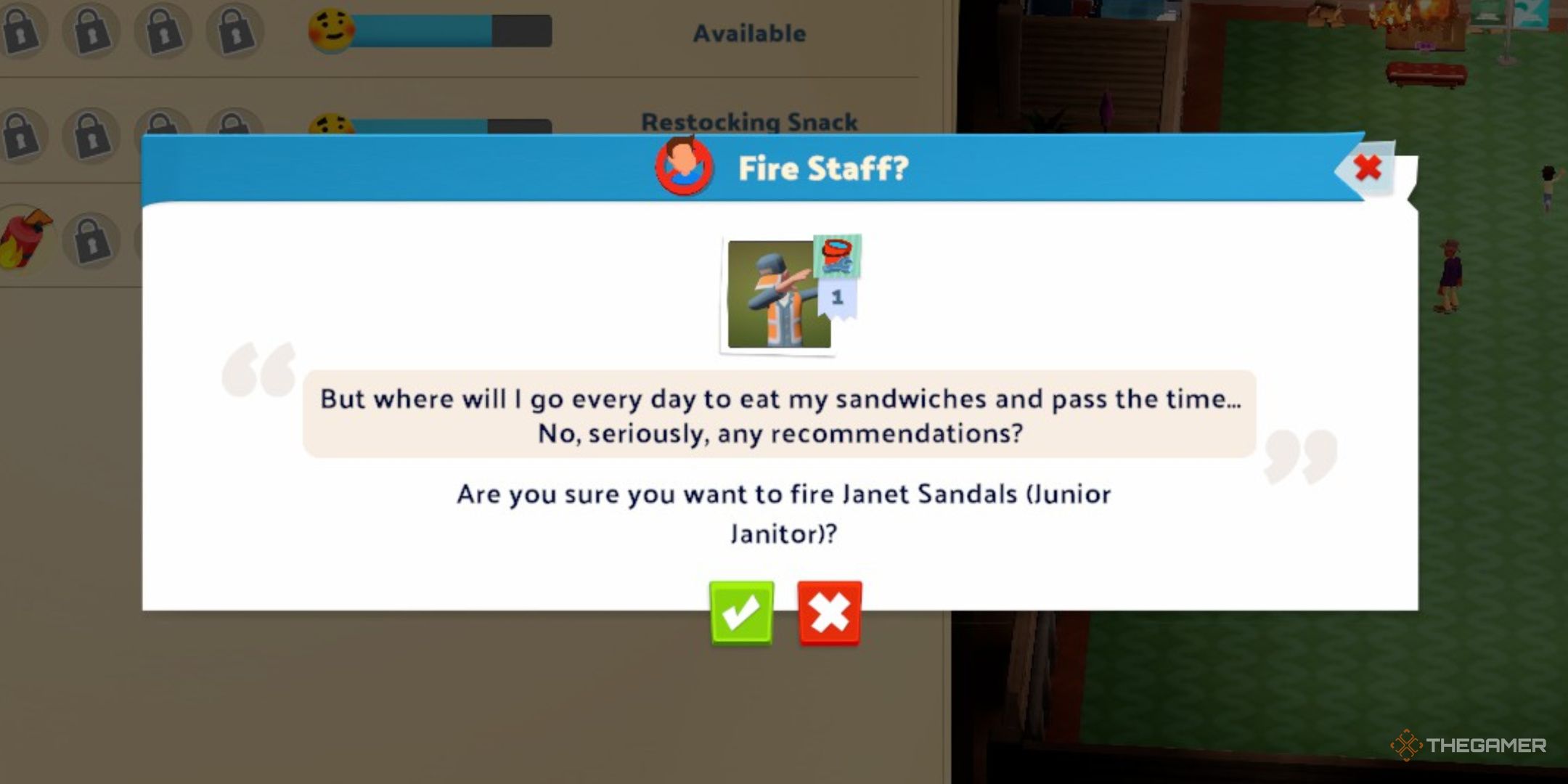 Two Point Museum, a janitor trying to argue that he shouldn&rsquo;t be fired in a popup screen.