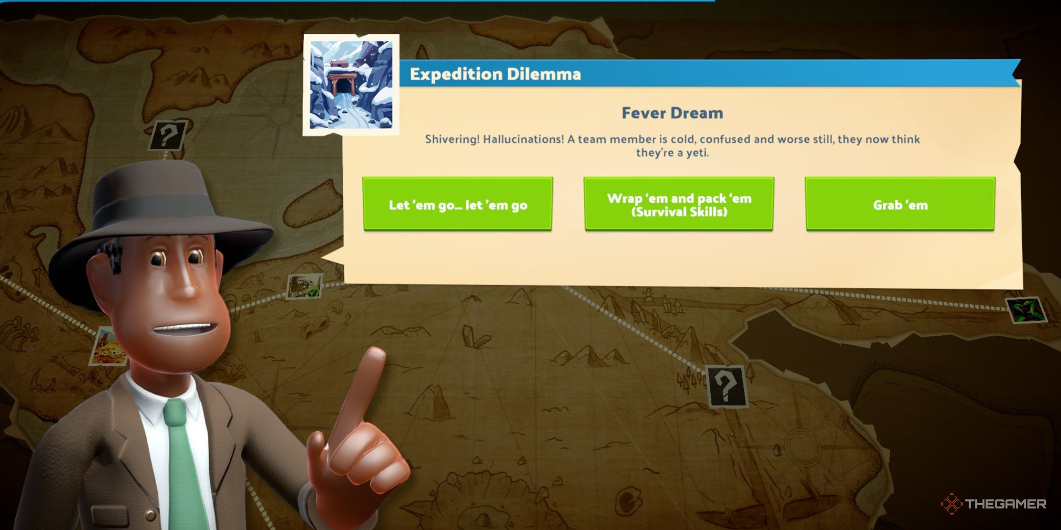 Two Point Museum, a pre-history expert explaining the expedition dilemma and providing a few different options for the player to pick from.