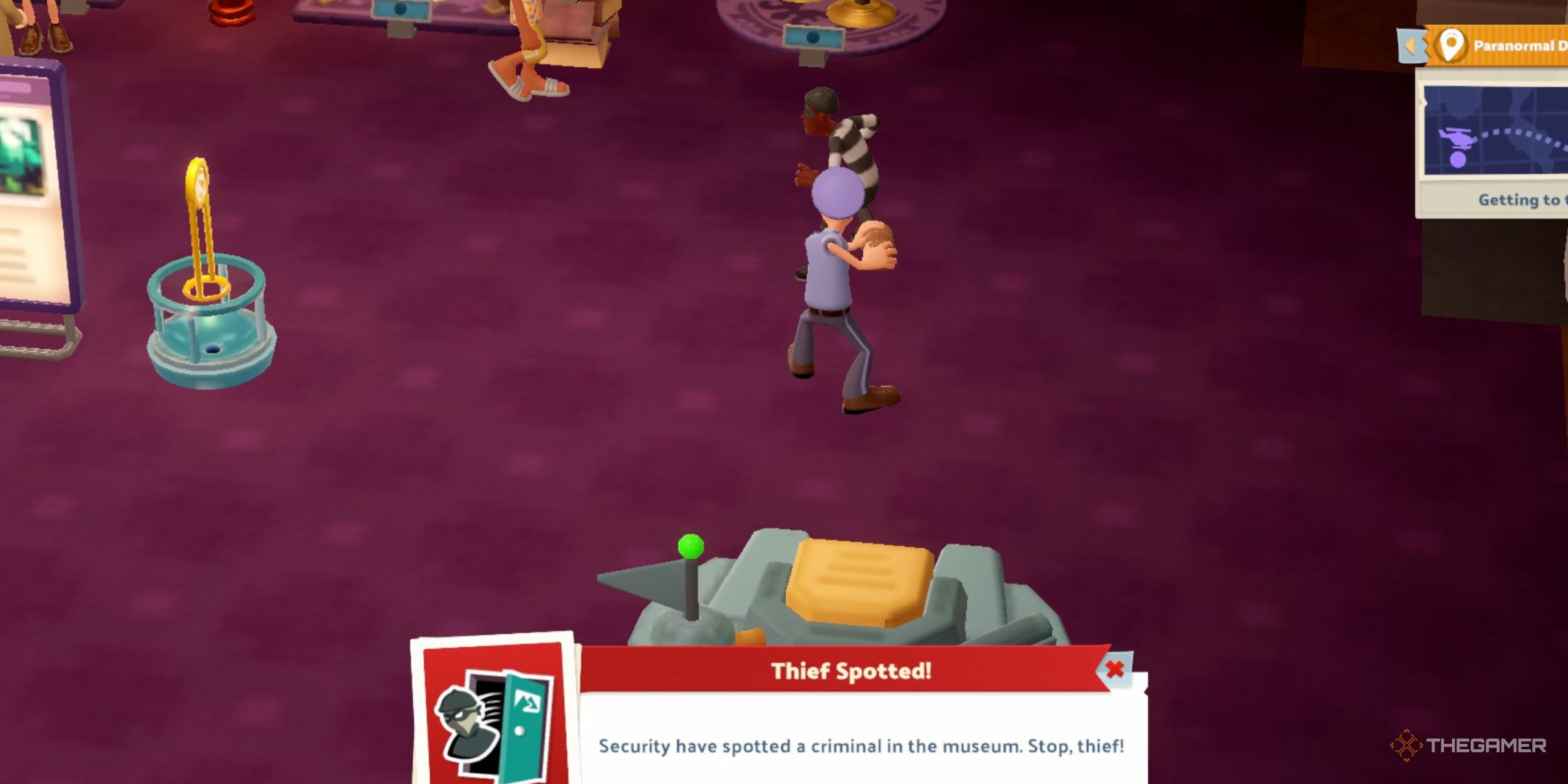 Two Point Museum, a thief being spotted in the museum and immediately attacked with a pepper grinder spray by a nearby security guard.