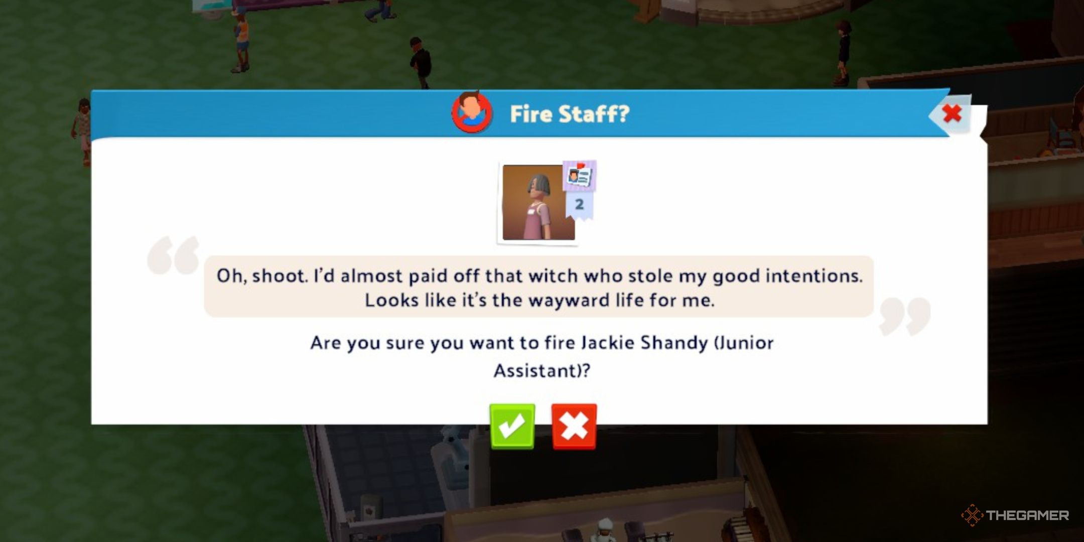 Two Point Museum, an assisstant on staff&rsquo;s firing screen where she is arguing for why she shouldn&rsquo;t be fired.