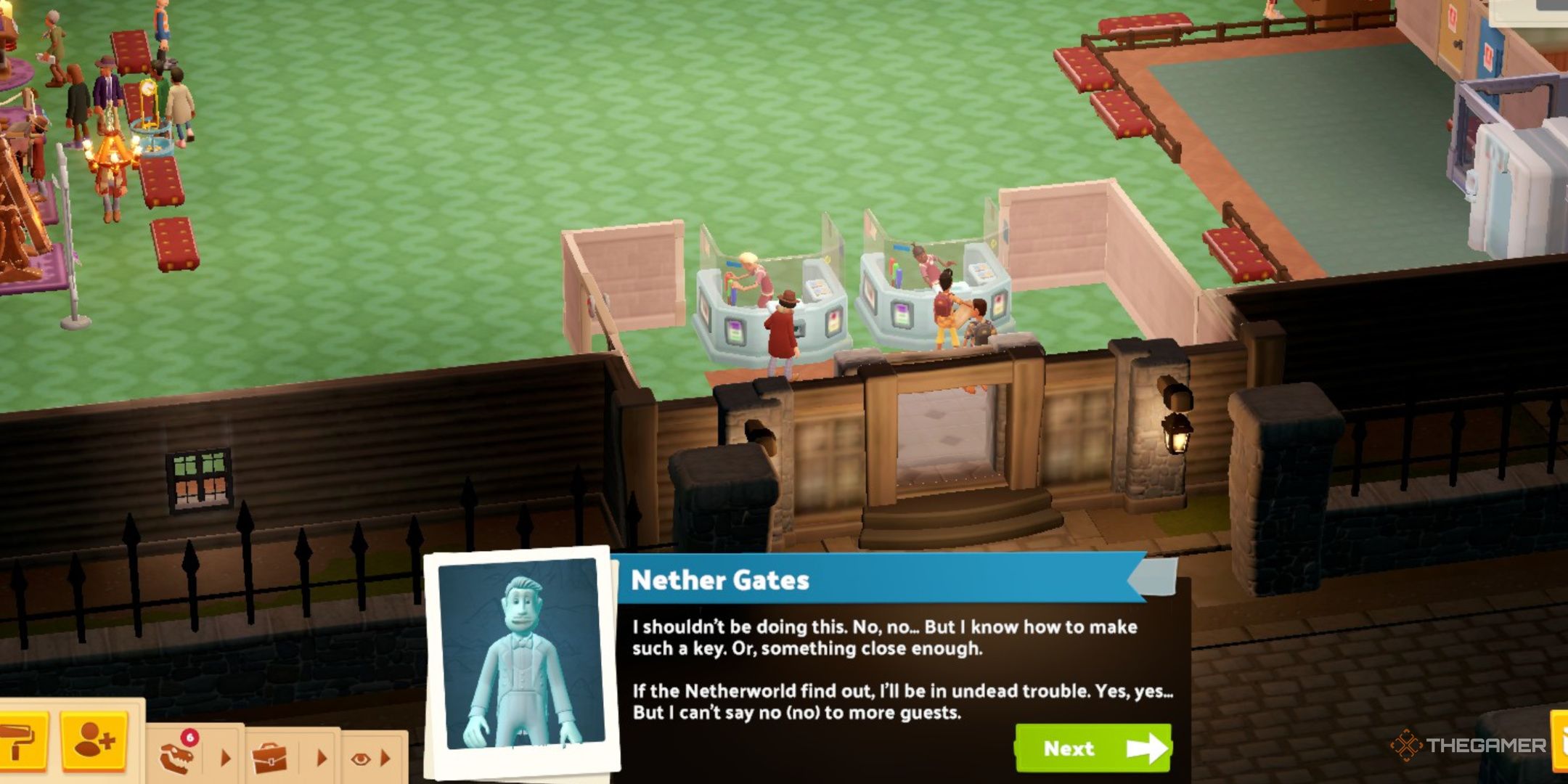 Two Point Museum, the ghostly curator explaining how, if he gets caught, he&rsquo;s going to be in a lot of trouble with the Netherworld but you should still bring in more guests.