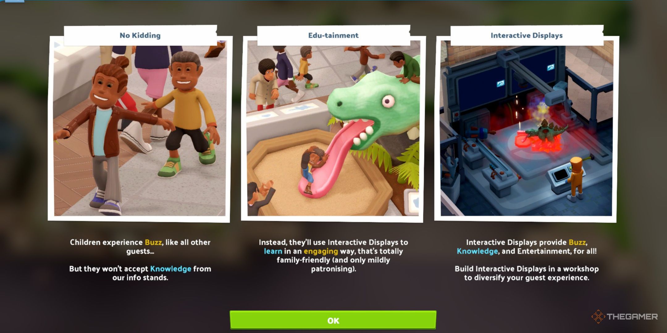 Two Point Museum, the tutorial images explaining how children interact with the museum and how they need interactive displays.
