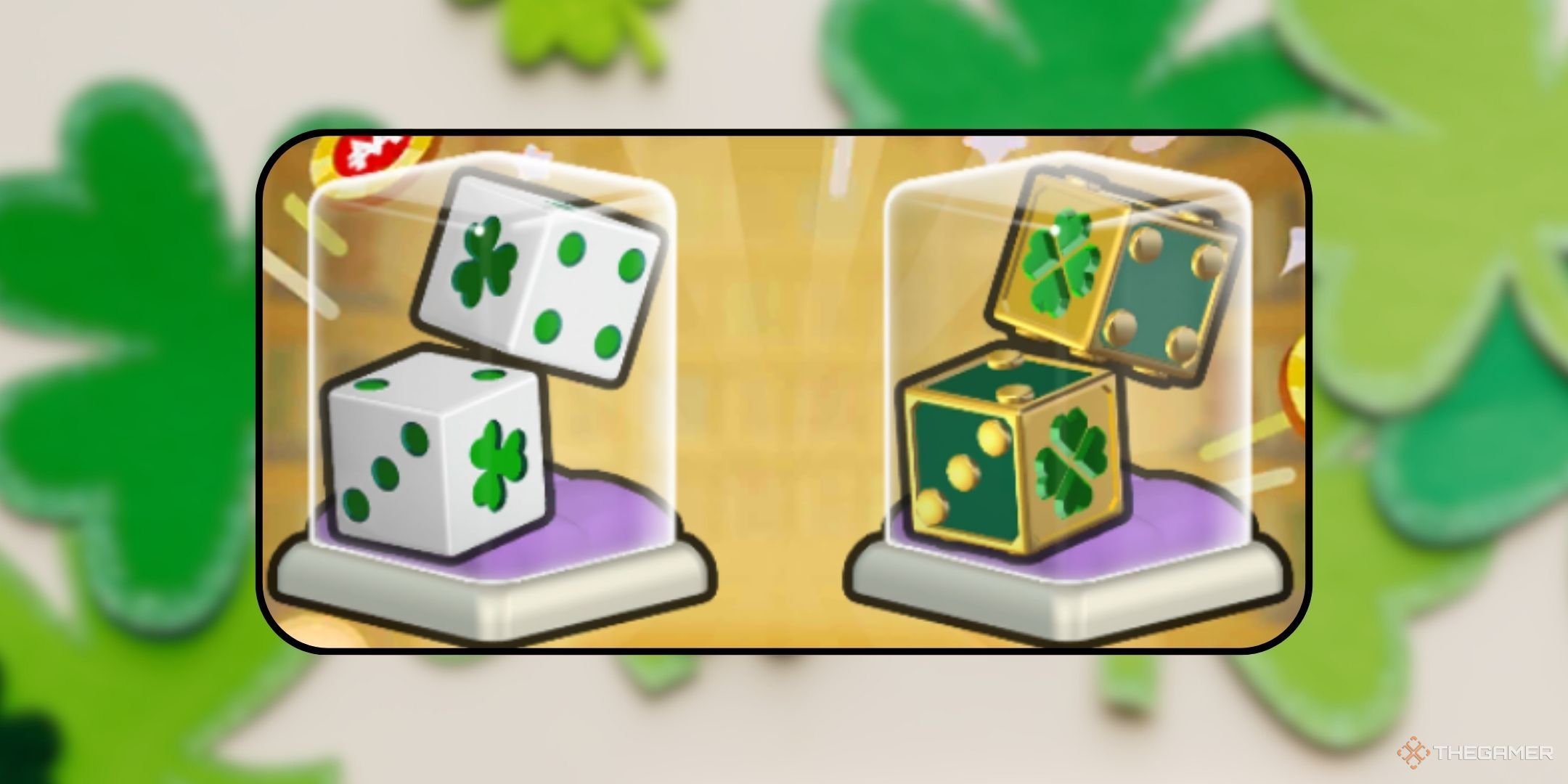 Two St. Patrick's dice skins in Monopoly Go.