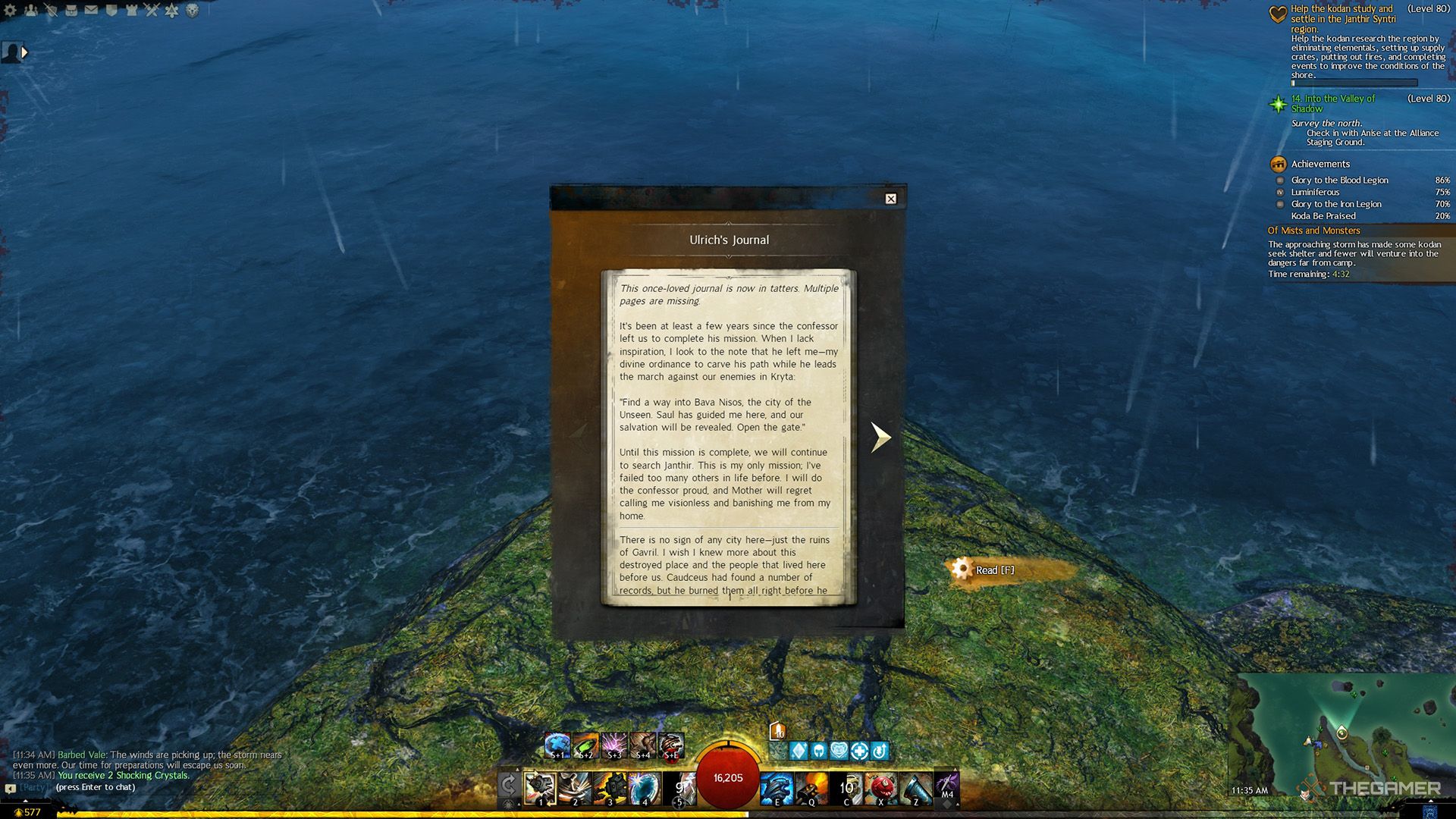 Screenshot of the first page of the Alorich Journal to read the success of the lines in the Guild War.
