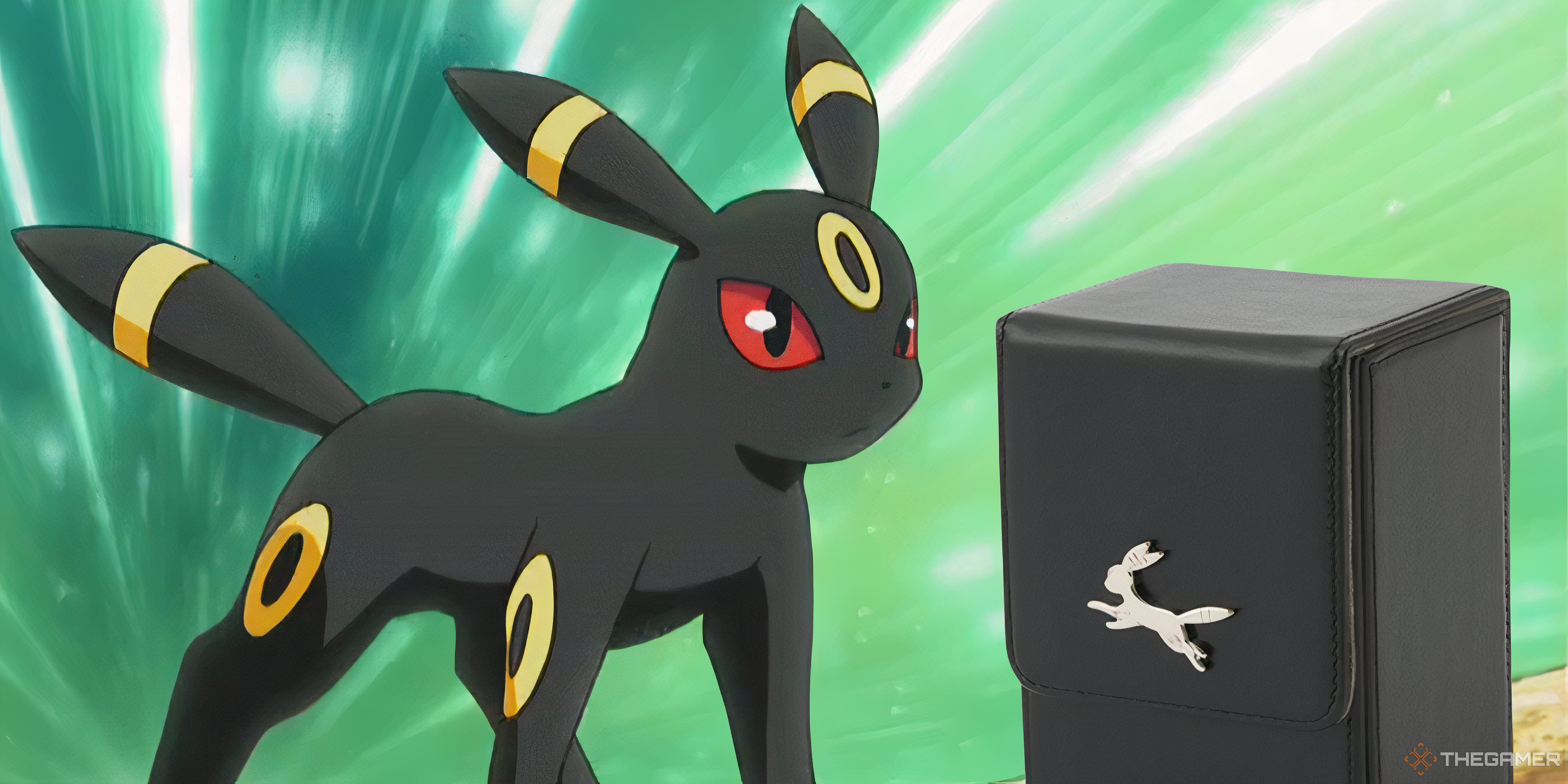 umbreon looking at a leather umbreon pokemon tcg deck box.